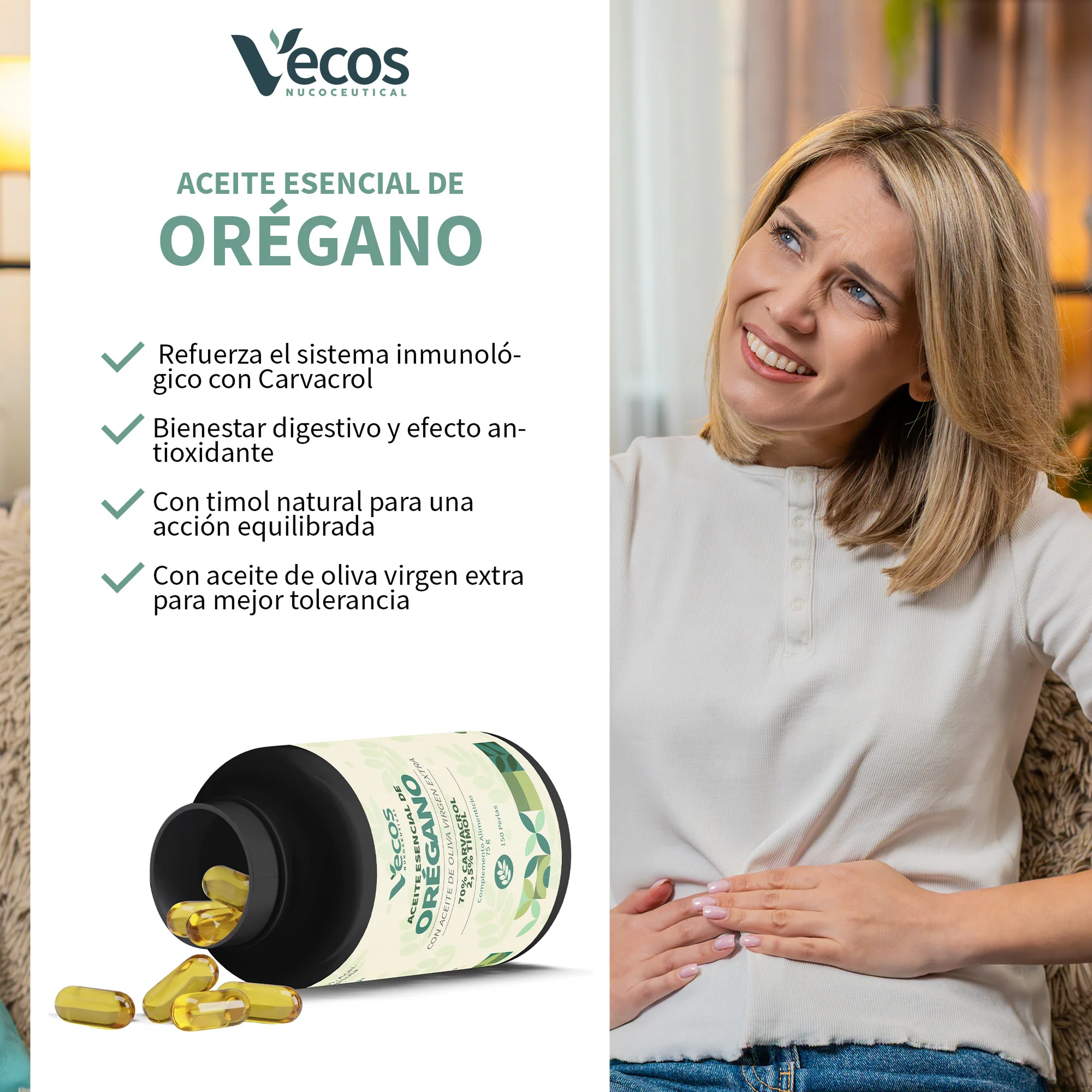 Aceite Esencial De Orégano Vecos 150 Perlas | Bienestar Digestivo E Intestinal | 150 Mg Con Carvacrol - Image 4
