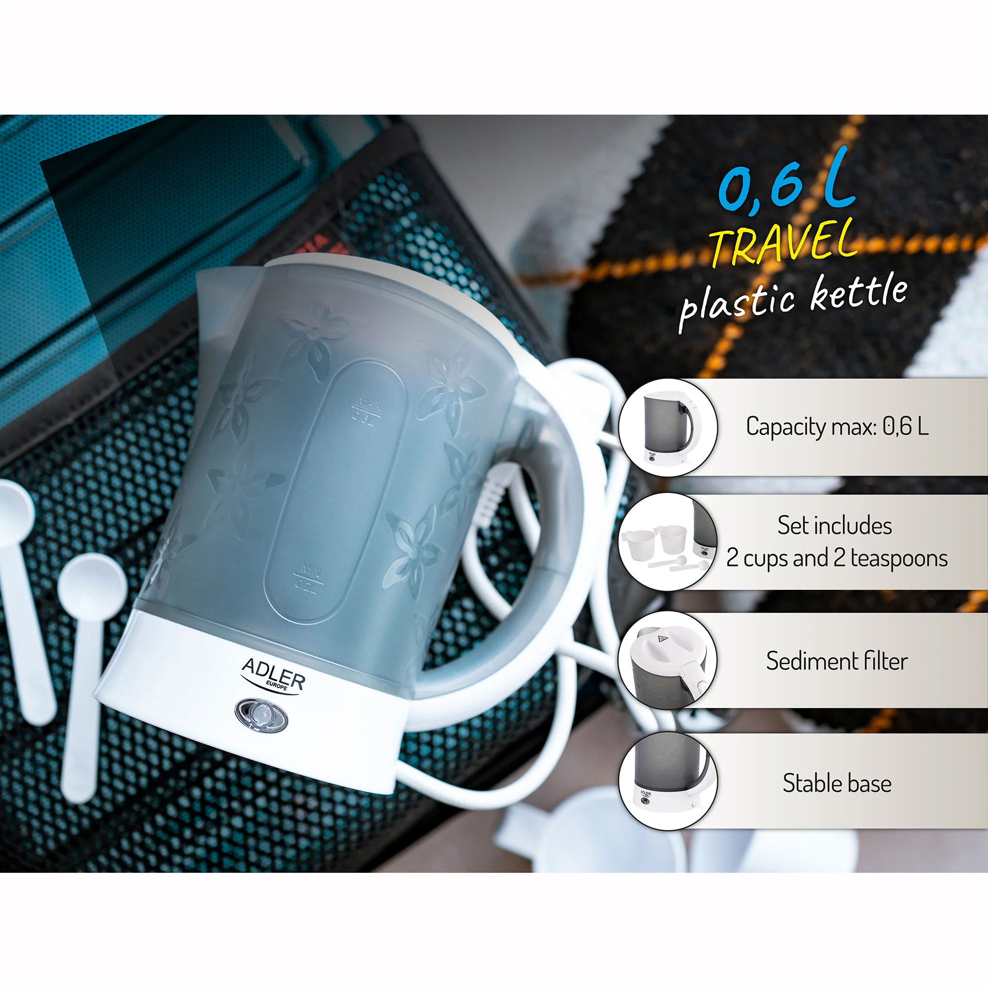 Adler Hervidor De Agua Eléctrico De Viaje 0,6 L Sin Bpa, Apagado Automático, Resistencia Acero Inox, Ad126,blanco/gris - Image 6