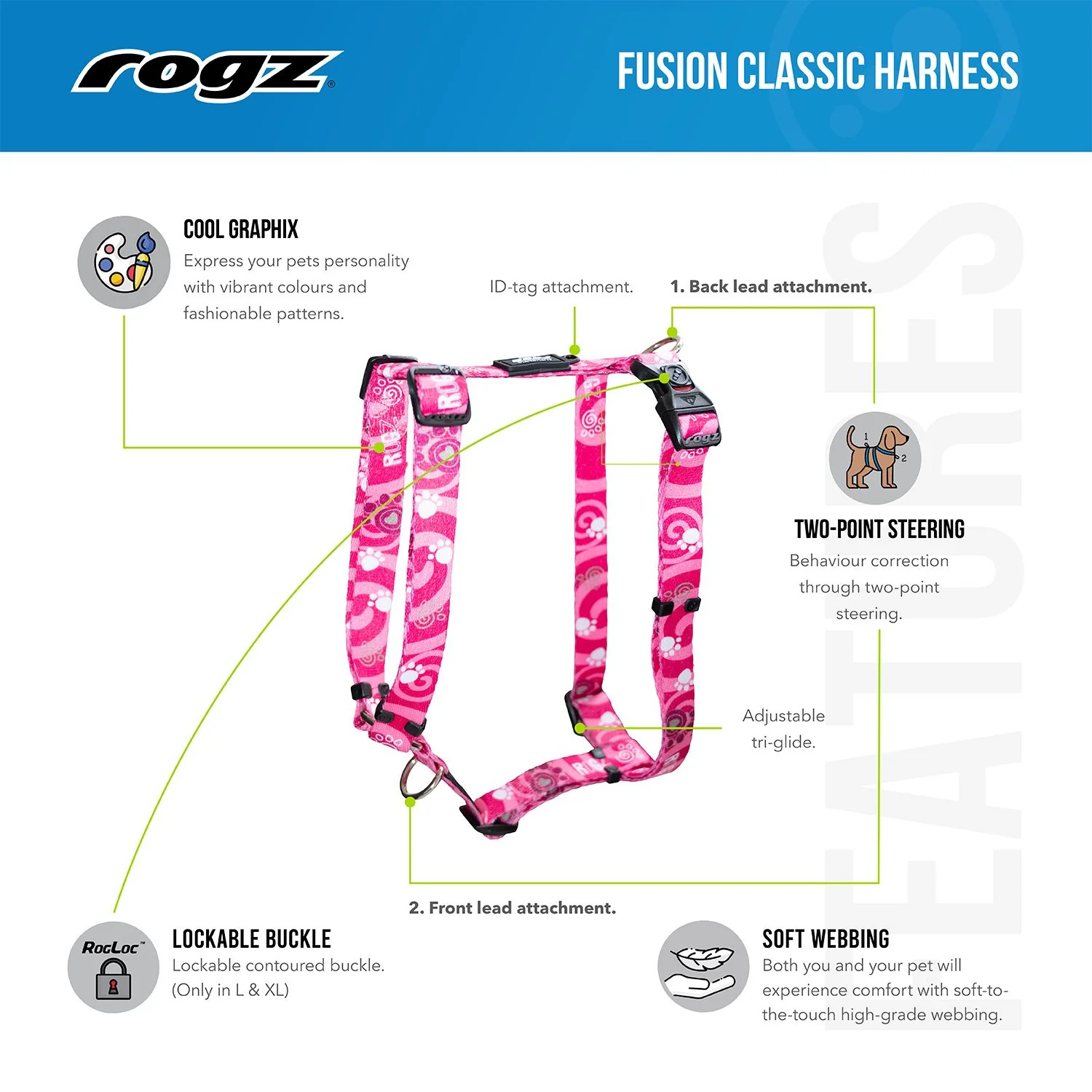 Arnés Para Perro, Modelo Fusion De Rogz, Estampado Comic Azul. Talla L (21-40kg) - Image 2