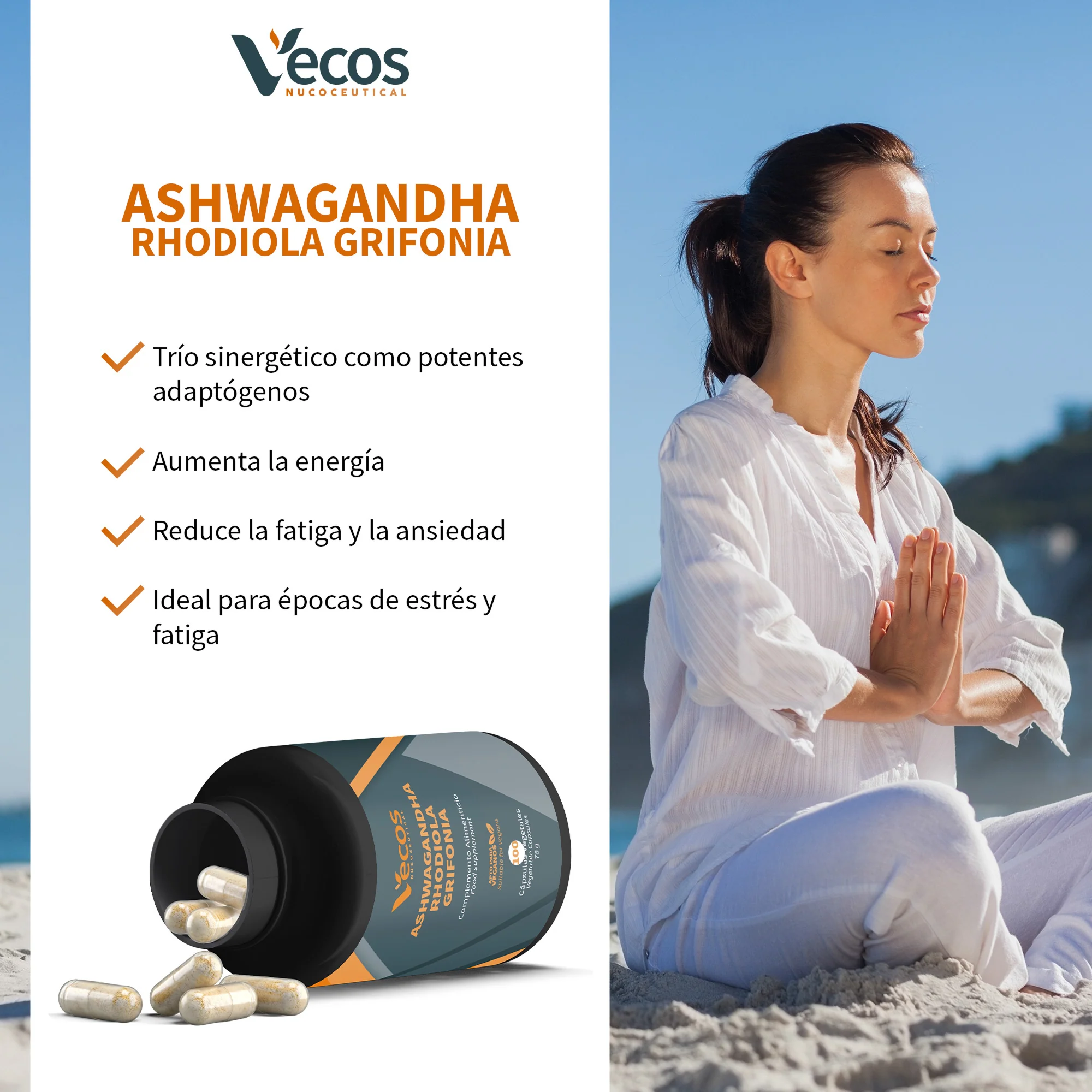 Ashwagandha Rhodiola Grifonia Vecos 100 Cápsulas | Estrés, Ánimo Y Equilibrio Diario | Con 5-htp - Image 4