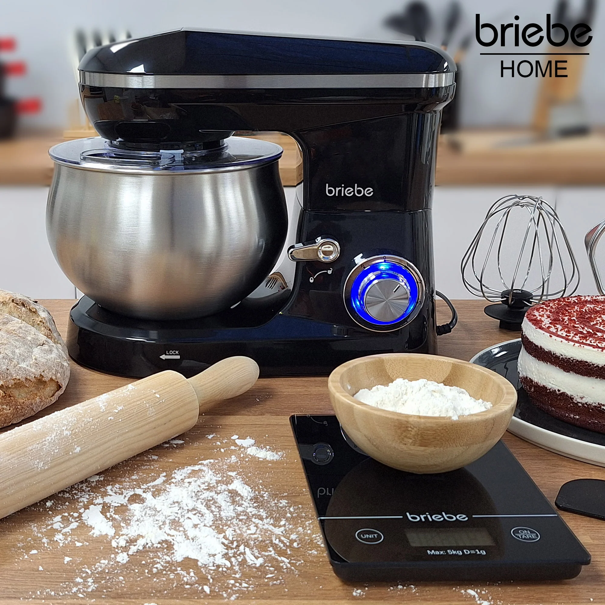 Briebe Batidora Amasadora Repostería Profesional 5l+ Báscula Cocina 6 Velocidades + Pulso Pantalla Led, Km1164b, Negro - Image 2