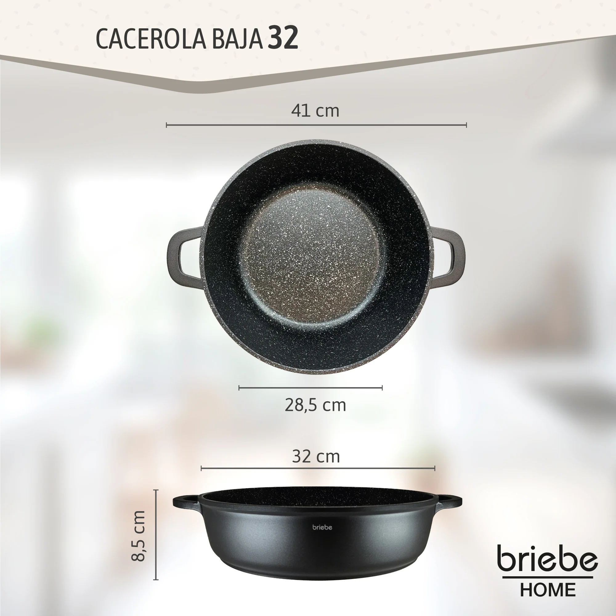 Briebe Cacerola Baja Cocina Inducción Antiadherente Titanio, Cazuela 32cm, Aluminio Fundido Sin Pfoa, Black Titanium - Image 3