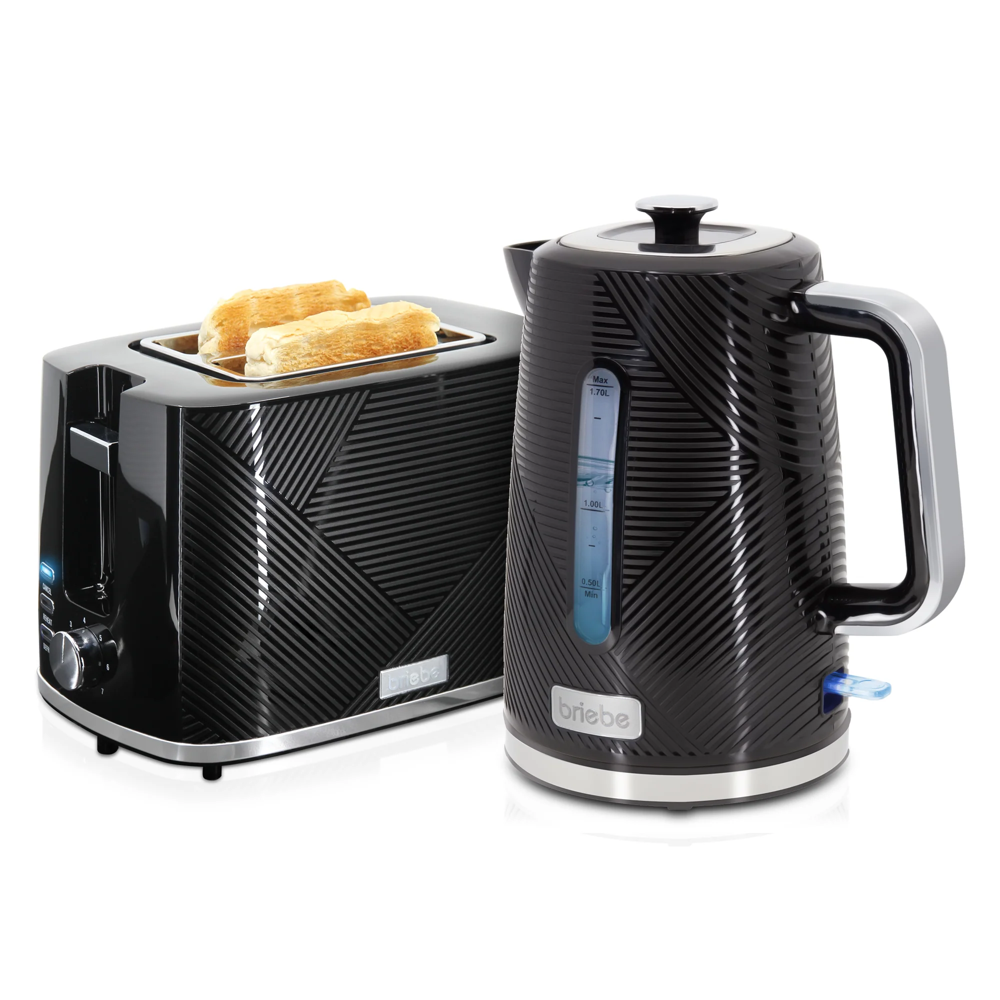 Briebe Elegance Set Tostadora Pan Ranura Ancha 2 Rebanadas + Hervidor Agua Eléctrico 1,7l Inalámbrico, Skt1170blk,negro