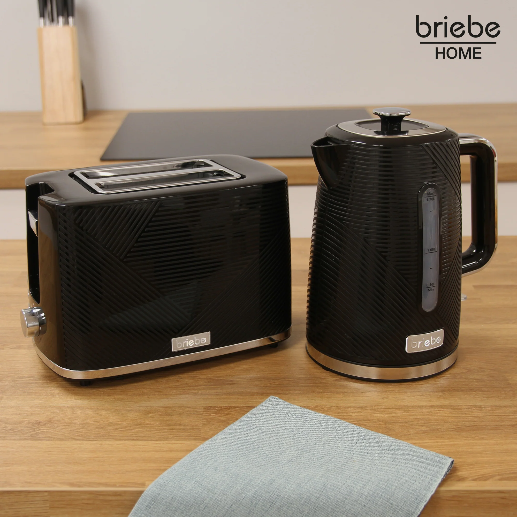 Briebe Elegance Set Tostadora Pan Ranura Ancha 2 Rebanadas + Hervidor Agua Eléctrico 1,7l Inalámbrico, Skt1170blk,negro - Image 2