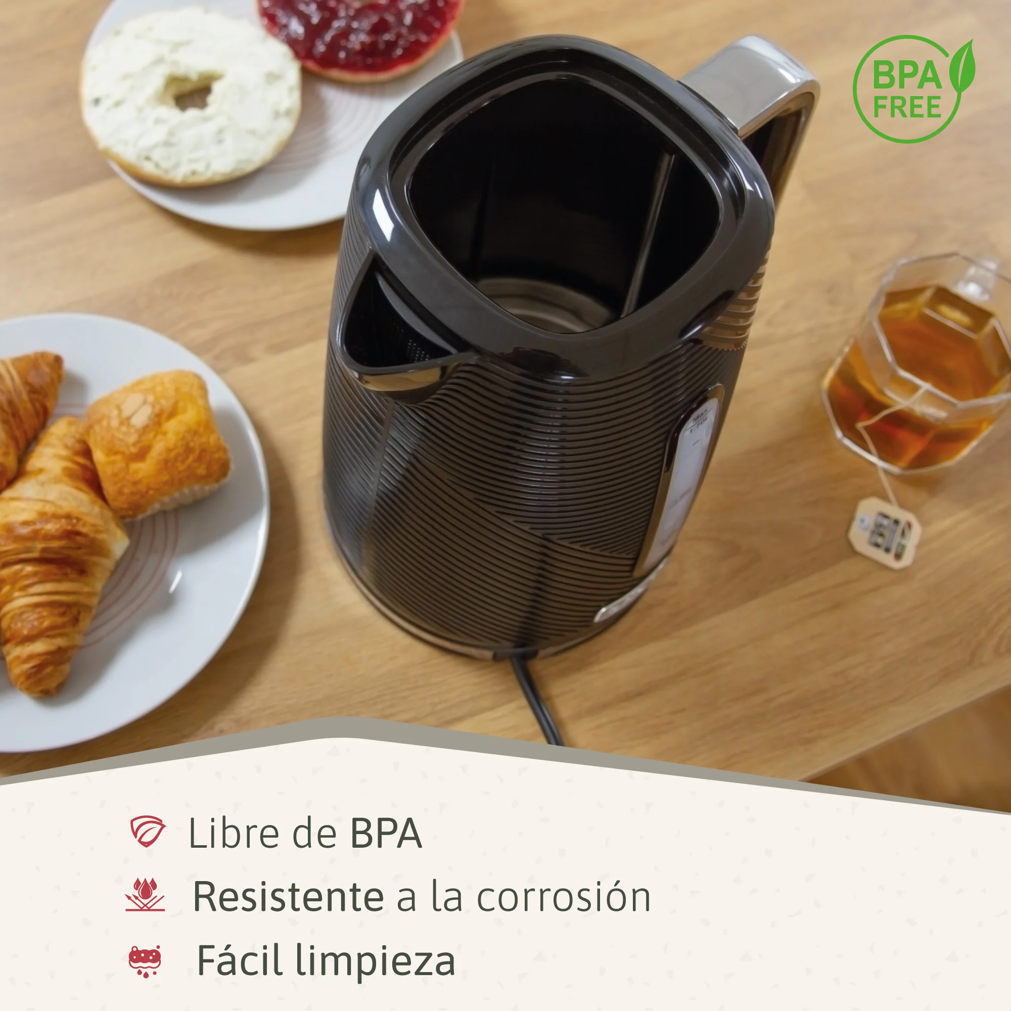 Briebe Elegance Set Tostadora Pan Ranura Ancha 2 Rebanadas + Hervidor Agua Eléctrico 1,7l Inalámbrico, Skt1170blk,negro - Image 6