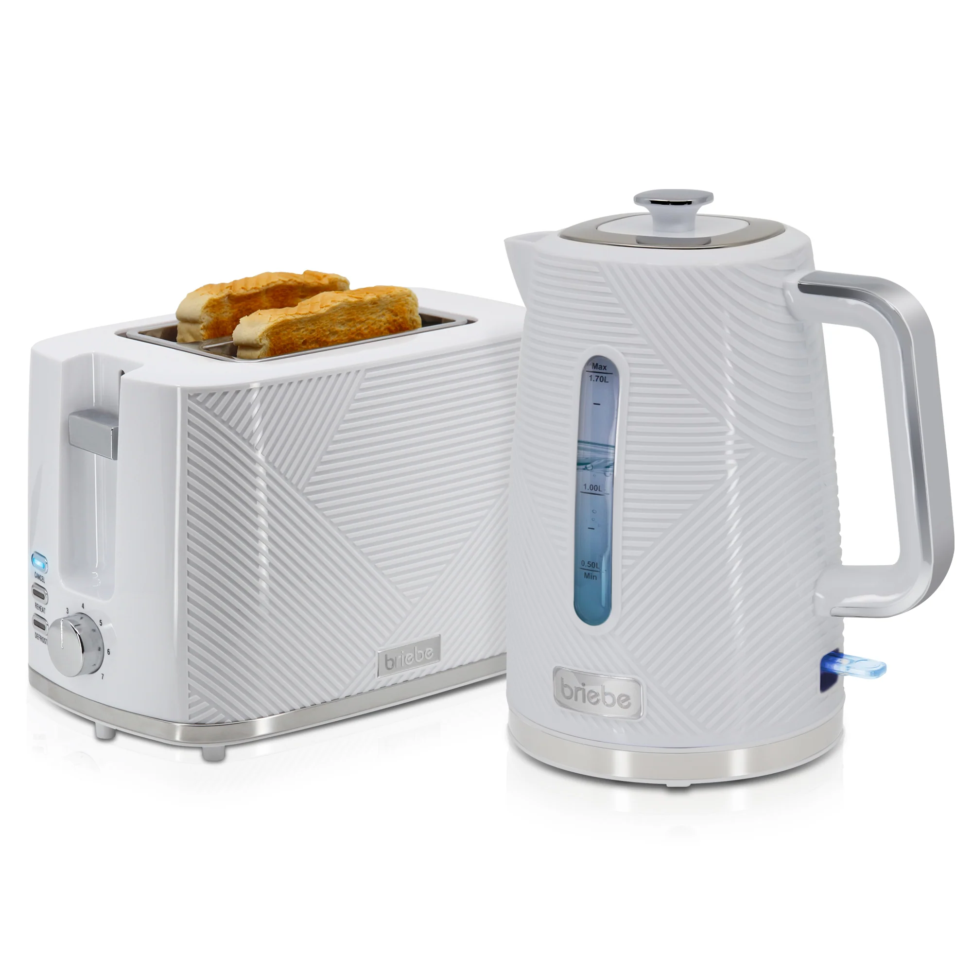Briebe Elegance Set Tostadora Pan Ranura Ancha 2 Rebanadas + Hervidor Agua Eléctrico 1,7l Inalámbrico,skt1170wht,blanco