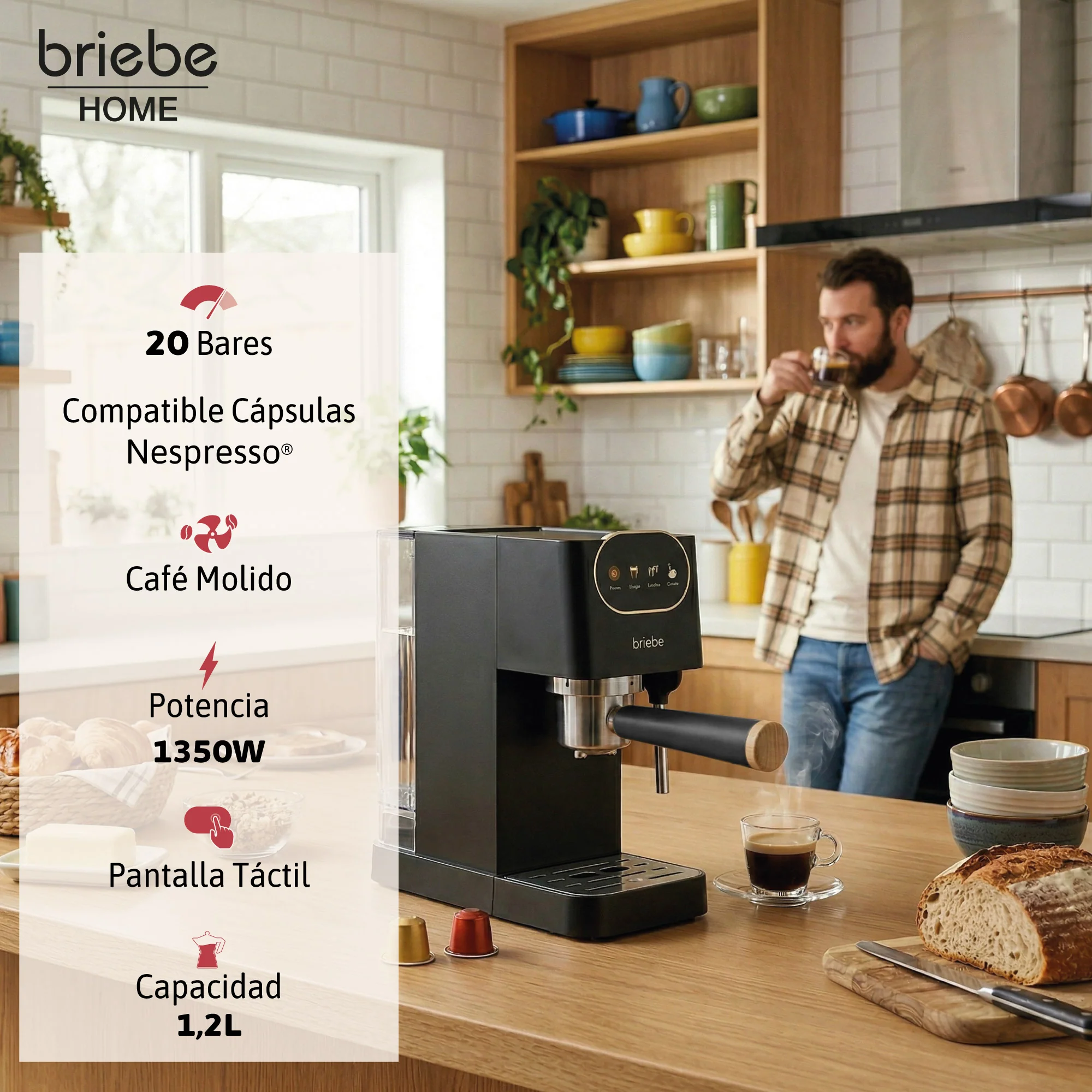 Briebe Nordic Cafetera Espresso 20 Bares Compatible Cápsulas Nespresso Y Café Molido Espumador Leche, Ec1180blk,negro - Image 3
