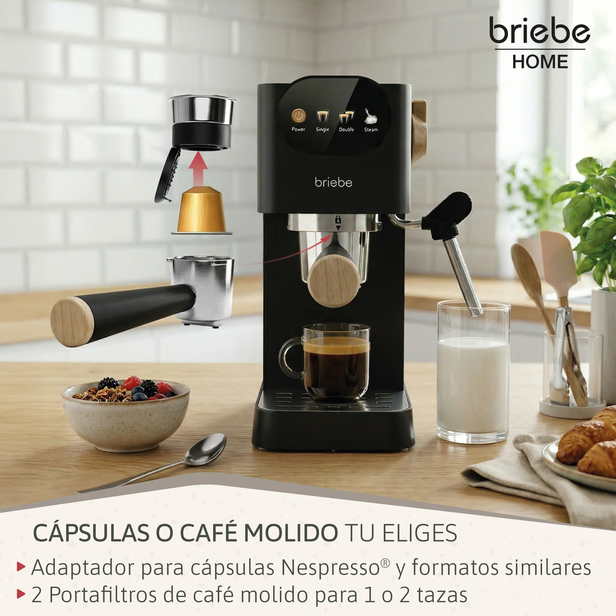 Briebe Nordic Cafetera Espresso 20 Bares Compatible Cápsulas Nespresso Y Café Molido Espumador Leche, Ec1180blk,negro - Image 4