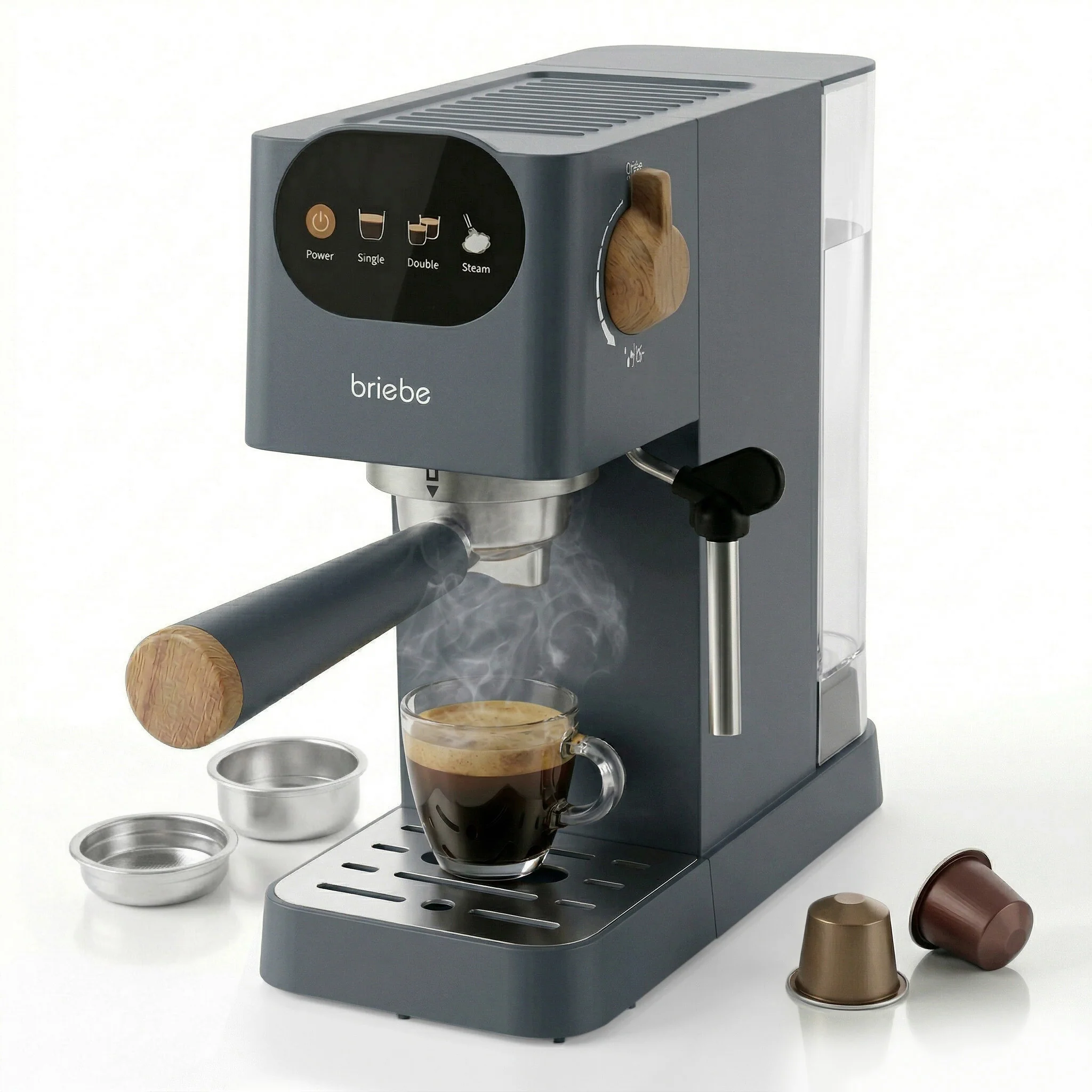 Briebe Nordic Cafetera Espresso 20 Bares Compatible Cápsulas Nespresso Y Café Molido Espumador Leche, Ec1180gry, Gris