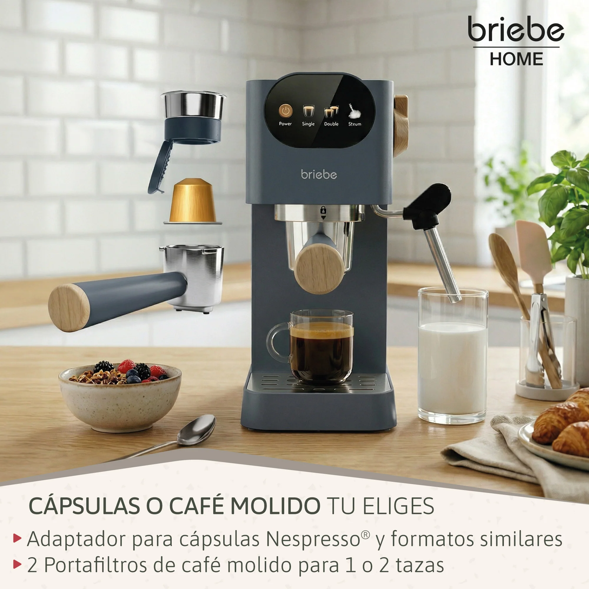 Briebe Nordic Cafetera Espresso 20 Bares Compatible Cápsulas Nespresso Y Café Molido Espumador Leche, Ec1180gry, Gris - Image 4
