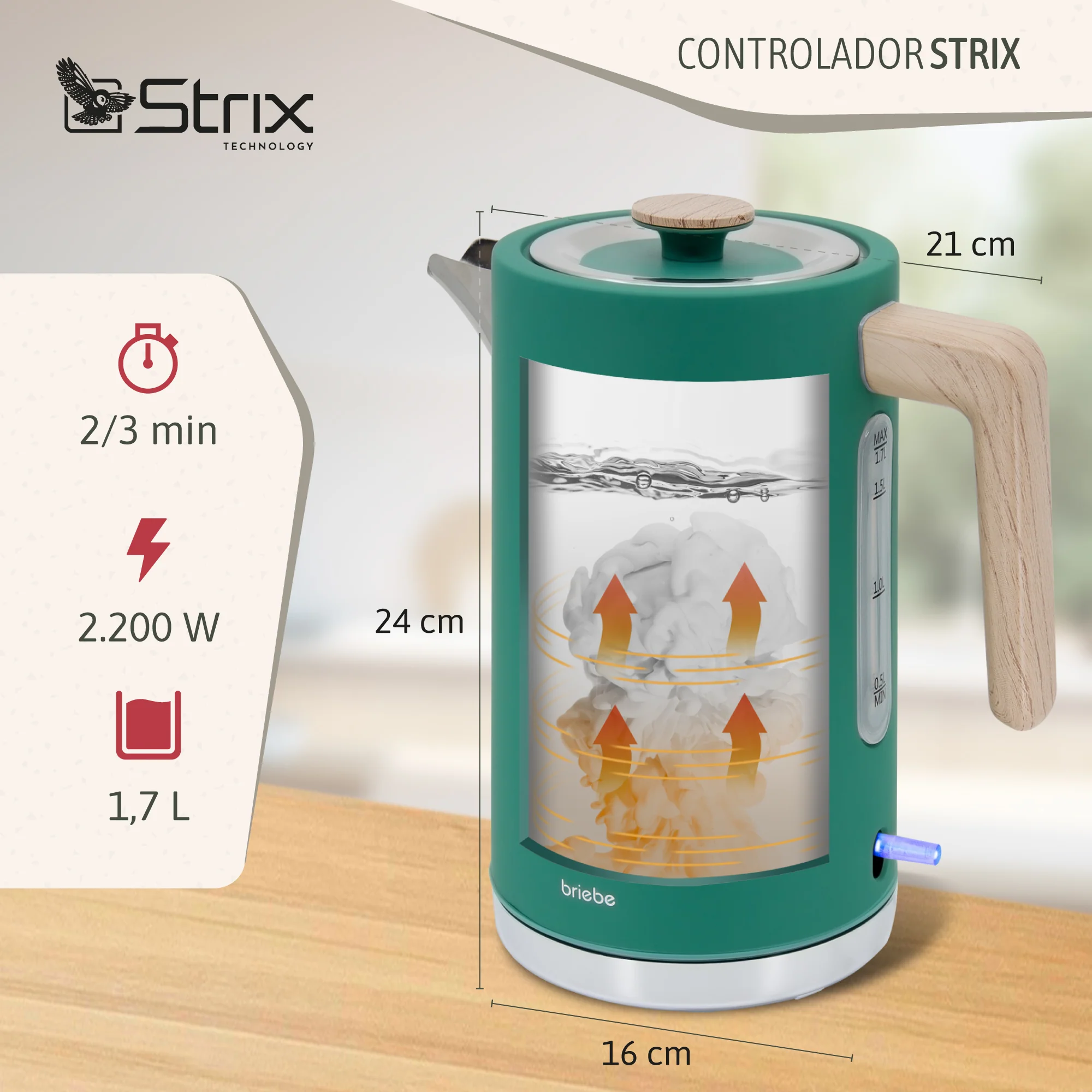 Briebe Nordic Hervidor Agua Eléctrico 1,7l Inalámbrico Ebullición Rápida, Libre De Bpa, Base De 360°, Kt1165gre, Verde - Image 3