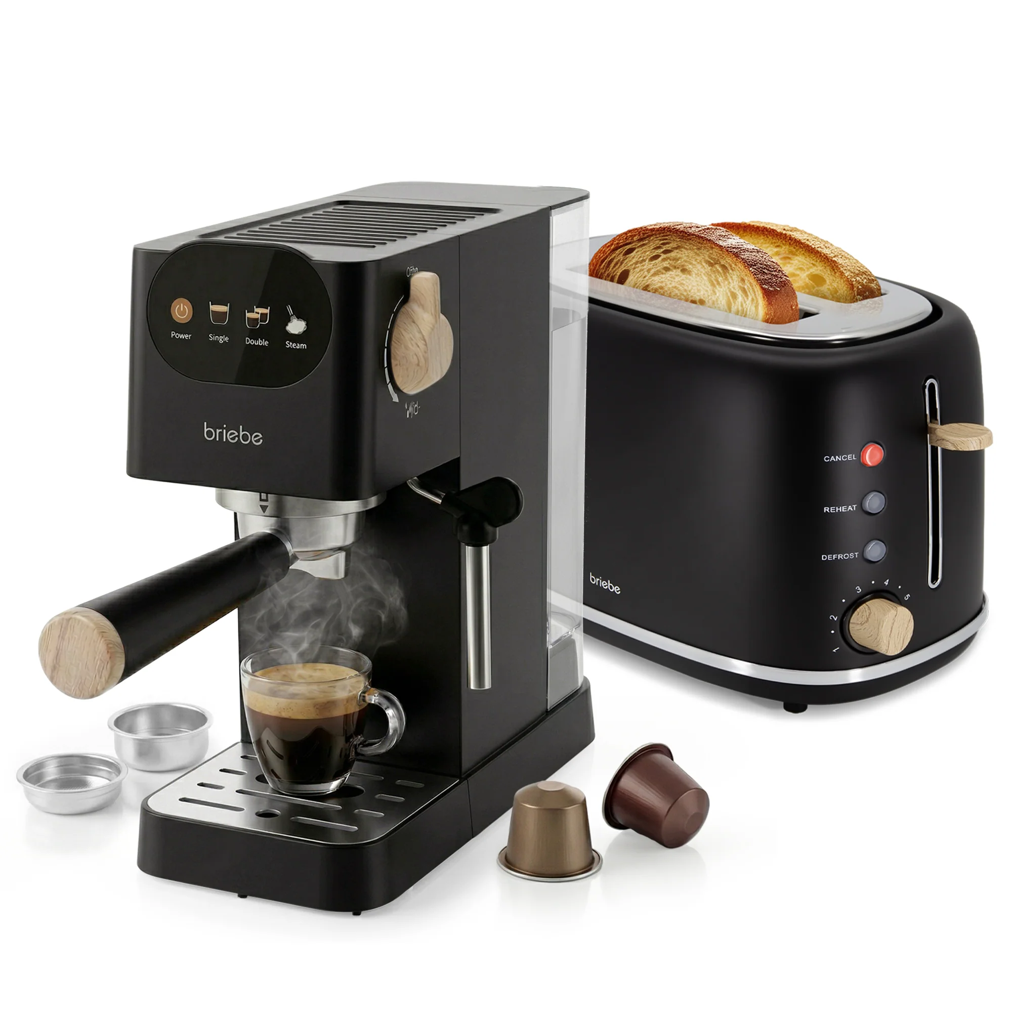 Briebe Nordic Set Cafetera 20 Bares Cápsulas, Café Molido Espumador Leche Tostadora 2 Rebanadas Anchas, Skt1221blk,negro