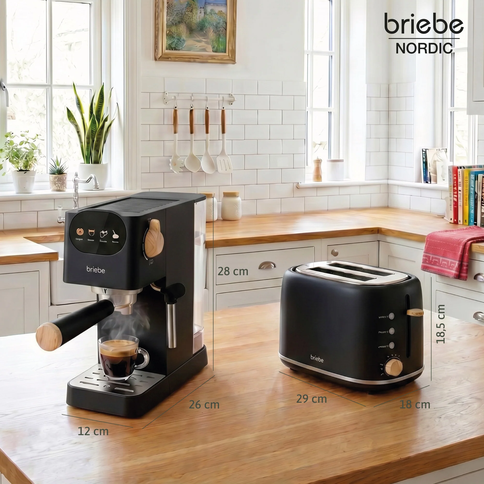Briebe Nordic Set Cafetera 20 Bares Cápsulas, Café Molido Espumador Leche Tostadora 2 Rebanadas Anchas, Skt1221blk,negro - Image 5