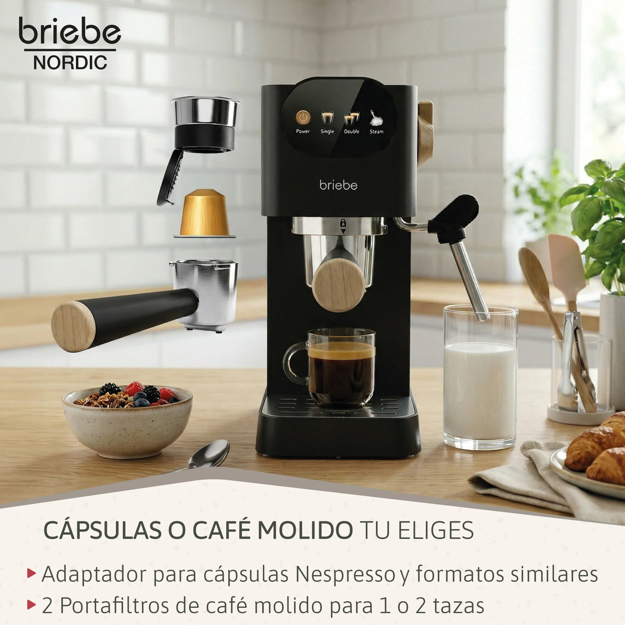 Briebe Nordic Set Cafetera 20 Bares Cápsulas, Café Molido Espumador Leche Tostadora 2 Rebanadas Anchas, Skt1221blk,negro - Image 6