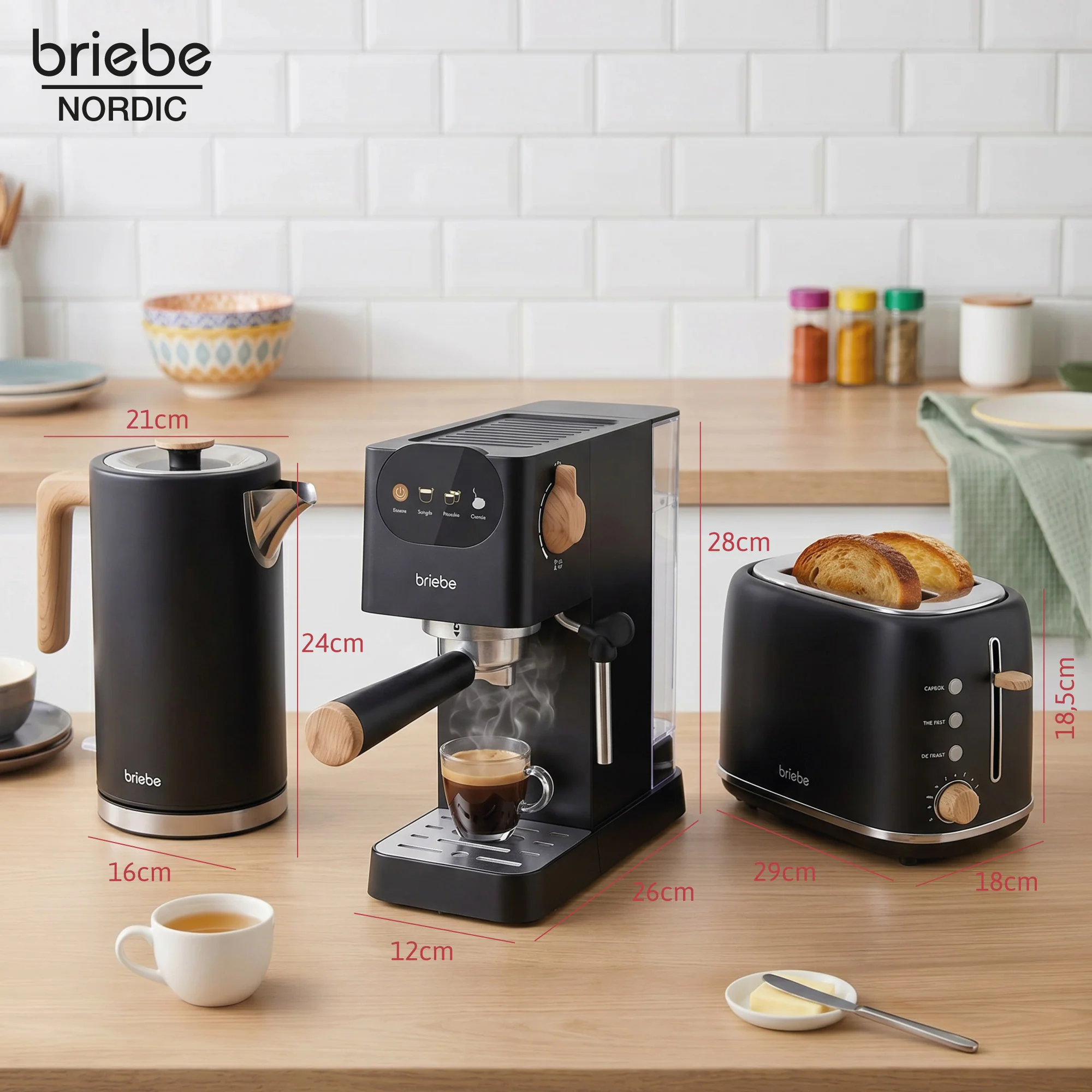 Briebe Nordic Set Cafetera Espresso 20 Bares, Tostadora Pan 2 Rebanadas, Hervidor Eléctrico Agua 1,7l, Skt1209blk, Negro - Image 6