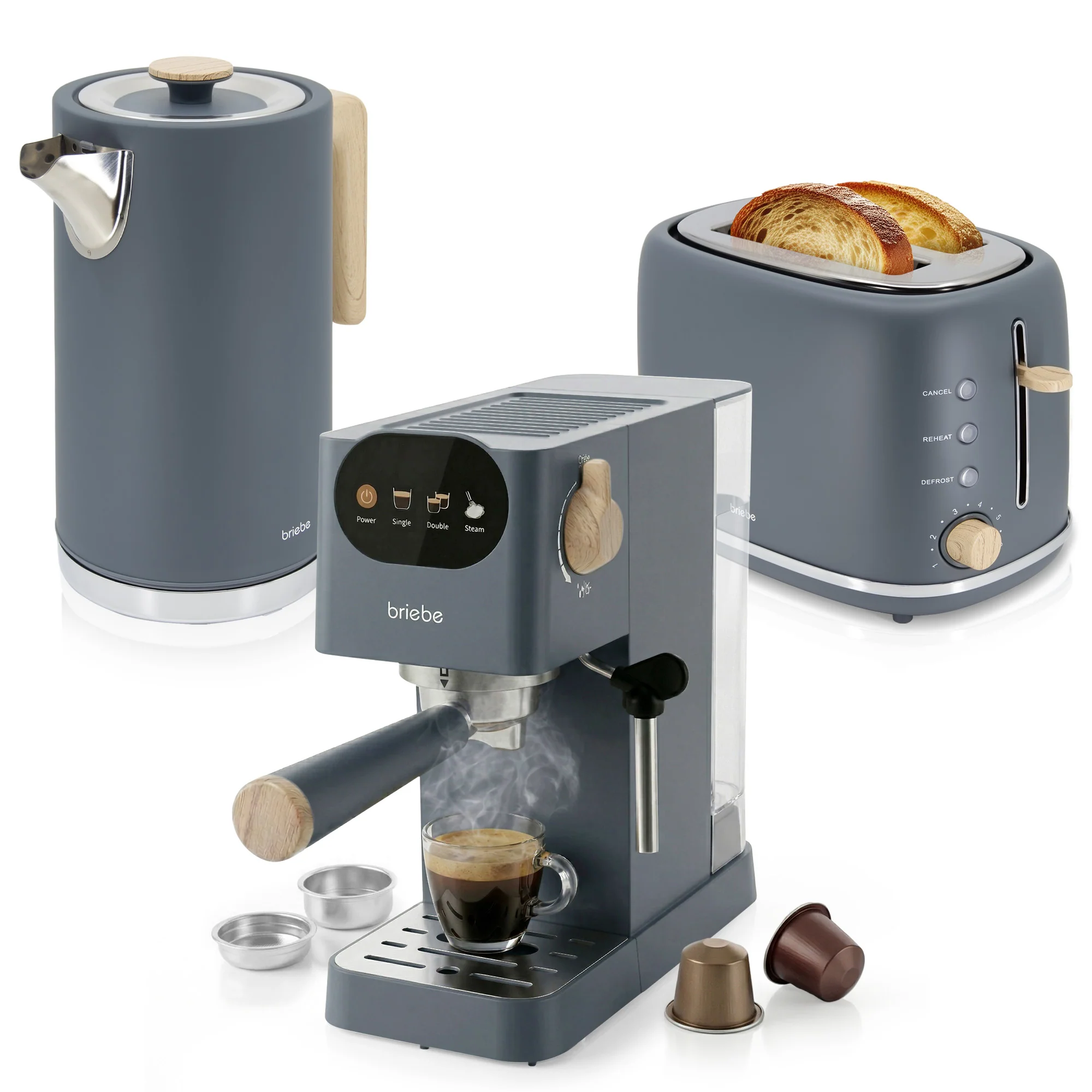 Briebe Nordic Set Cafetera Espresso 20 Bares, Tostadora Pan 2 Rebanadas, Hervidor Eléctrico Agua 1,7l, Skt1209gry, Gris