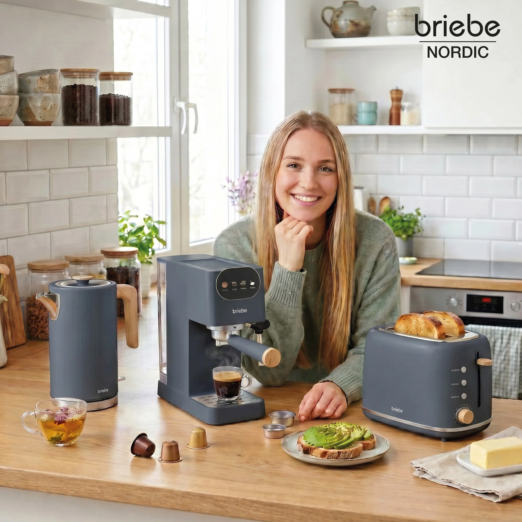 Briebe Nordic Set Cafetera Espresso 20 Bares, Tostadora Pan 2 Rebanadas, Hervidor Eléctrico Agua 1,7l, Skt1209gry, Gris - Image 2