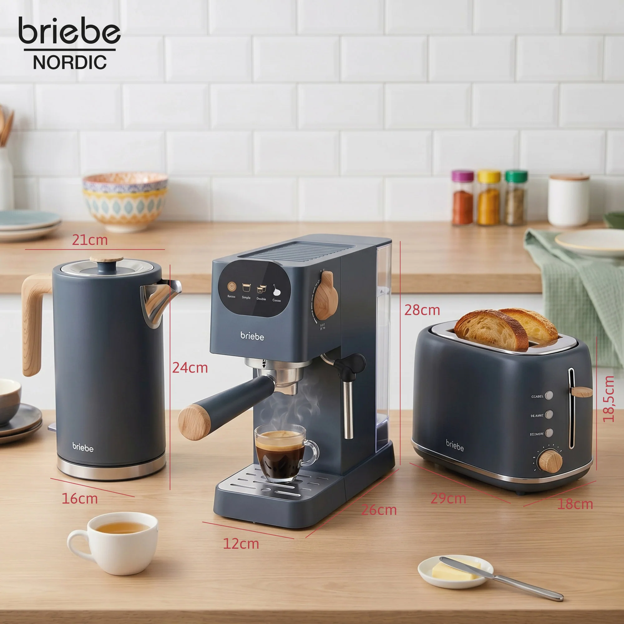 Briebe Nordic Set Cafetera Espresso 20 Bares, Tostadora Pan 2 Rebanadas, Hervidor Eléctrico Agua 1,7l, Skt1209gry, Gris - Image 6