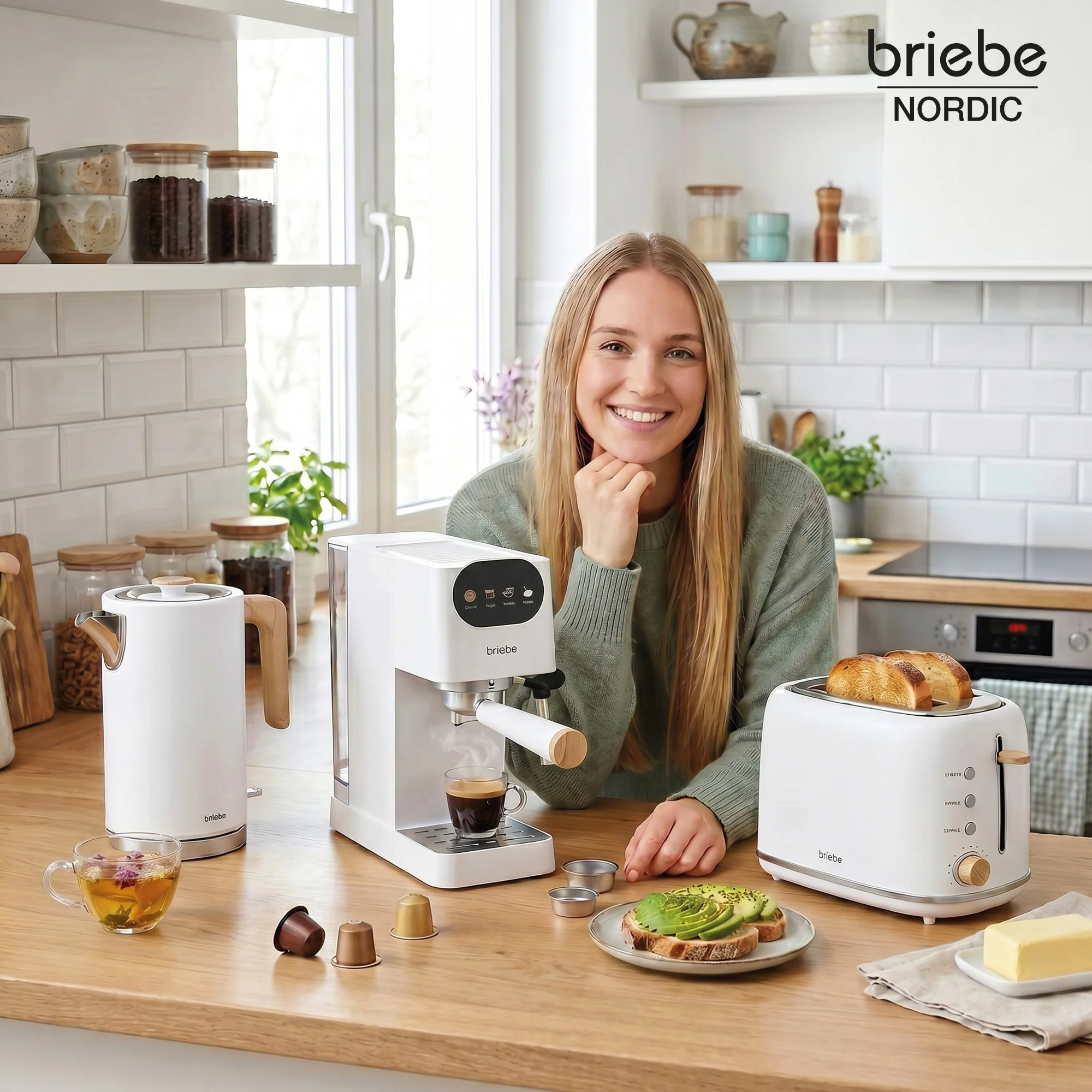 Briebe Nordic Set Cafetera Espresso 20 Bares, Tostadora Pan 2 Rebanadas, Hervidor Eléctrico Agua 1,7l, Skt1209wht,blanco - Image 2
