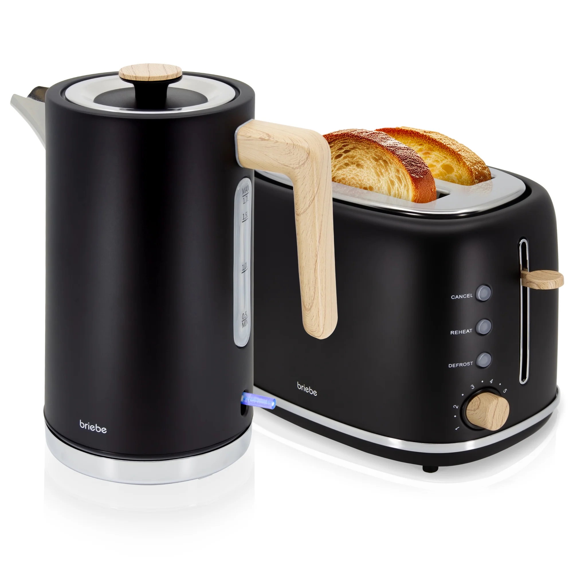 Briebe Nordic Set Tostadora Pan Ranura Ancha 2 Rebanadas + Hervidor Agua Eléctrico 1,7l Inalámbrico, Skt1167blk, Negro