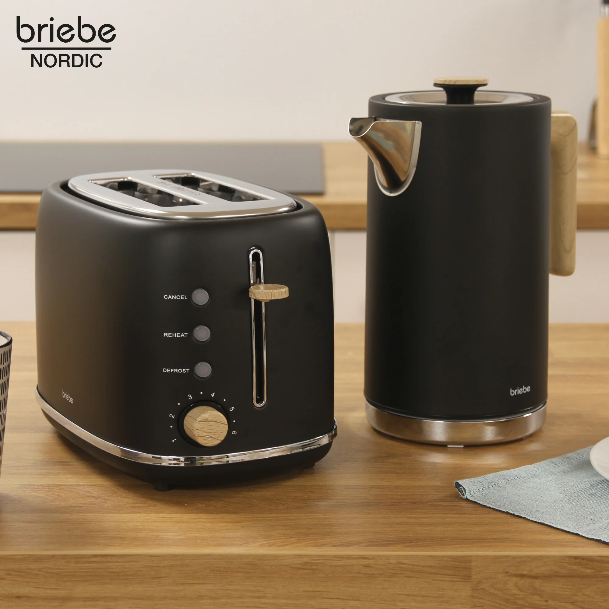 Briebe Nordic Set Tostadora Pan Ranura Ancha 2 Rebanadas + Hervidor Agua Eléctrico 1,7l Inalámbrico, Skt1167blk, Negro - Image 2
