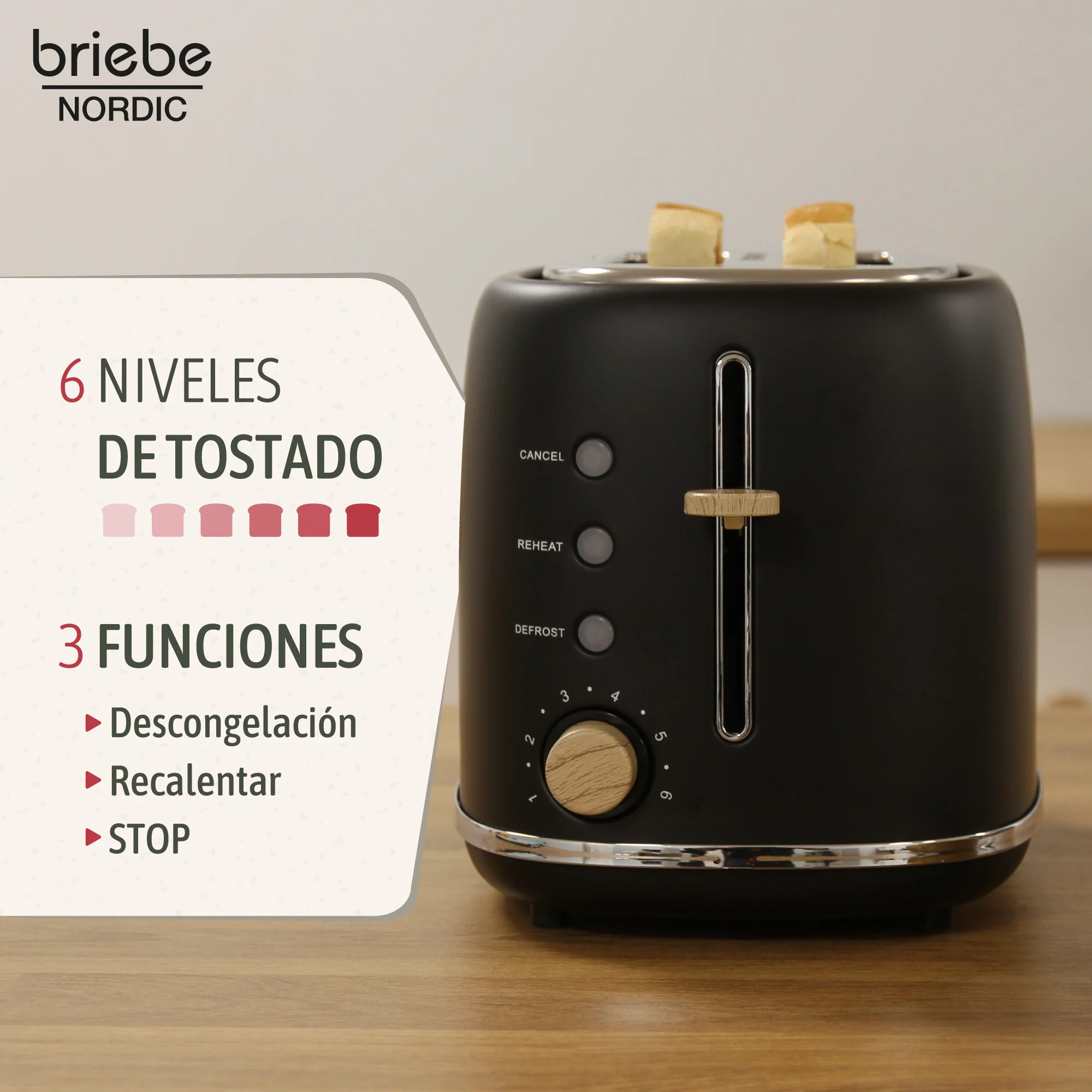 Briebe Nordic Set Tostadora Pan Ranura Ancha 2 Rebanadas + Hervidor Agua Eléctrico 1,7l Inalámbrico, Skt1167blk, Negro - Image 3