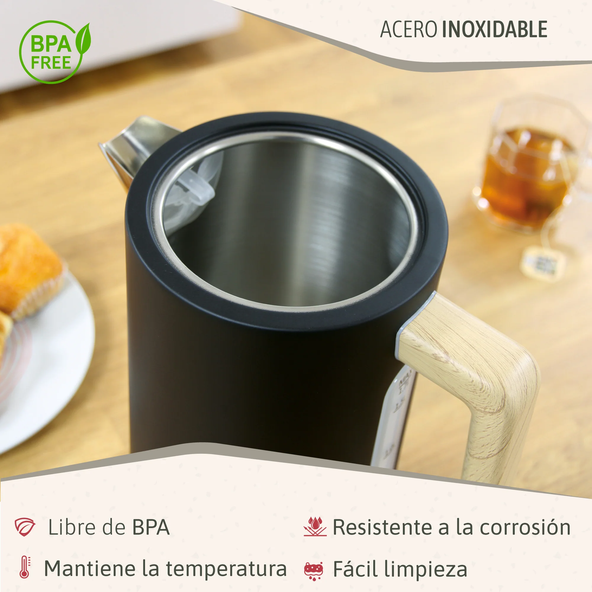 Briebe Nordic Set Tostadora Pan Ranura Ancha 2 Rebanadas + Hervidor Agua Eléctrico 1,7l Inalámbrico, Skt1167blk, Negro - Image 6