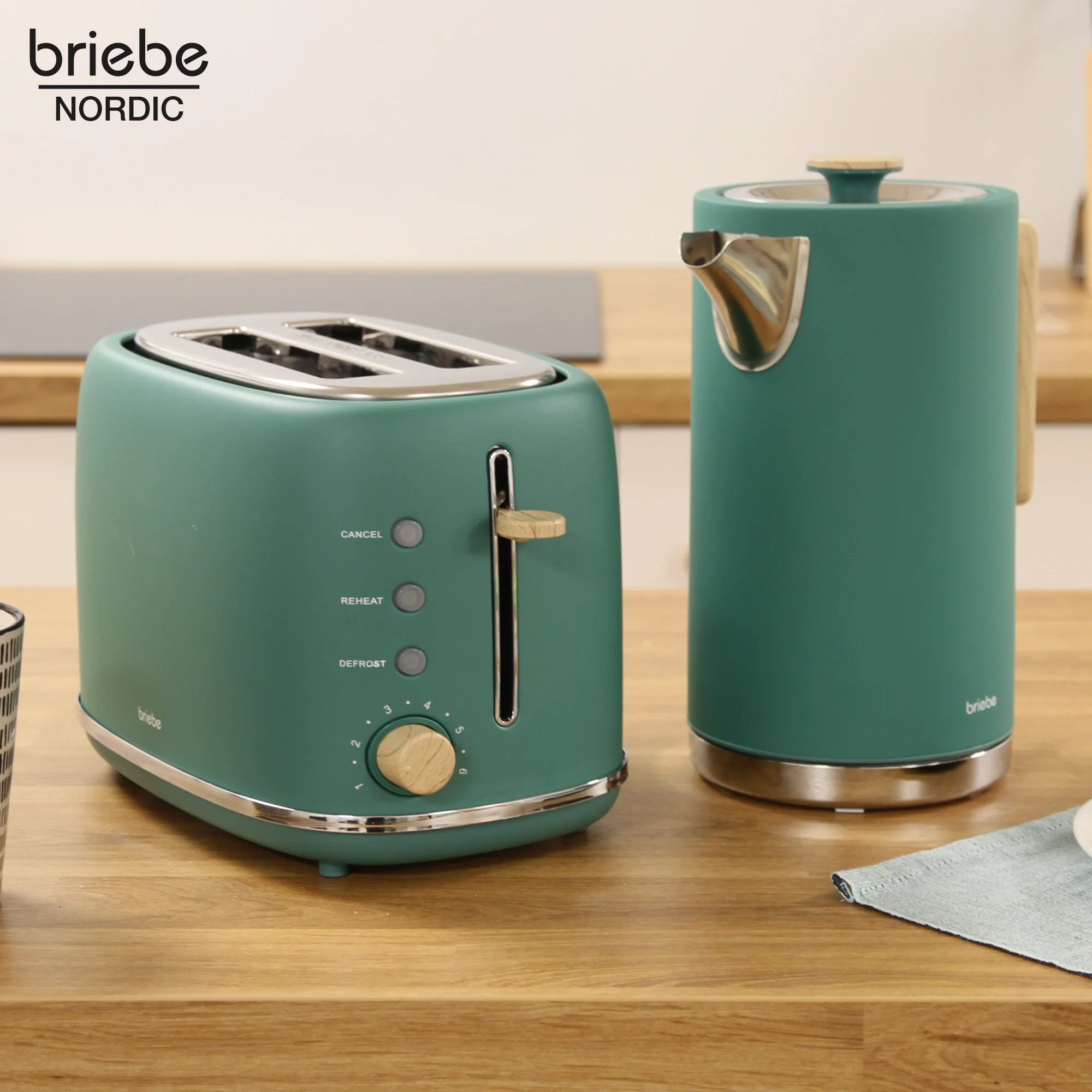 Briebe Nordic Set Tostadora Pan Ranura Ancha 2 Rebanadas + Hervidor Agua Eléctrico 1,7l Inalámbrico, Skt1167gre, Verde - Image 2