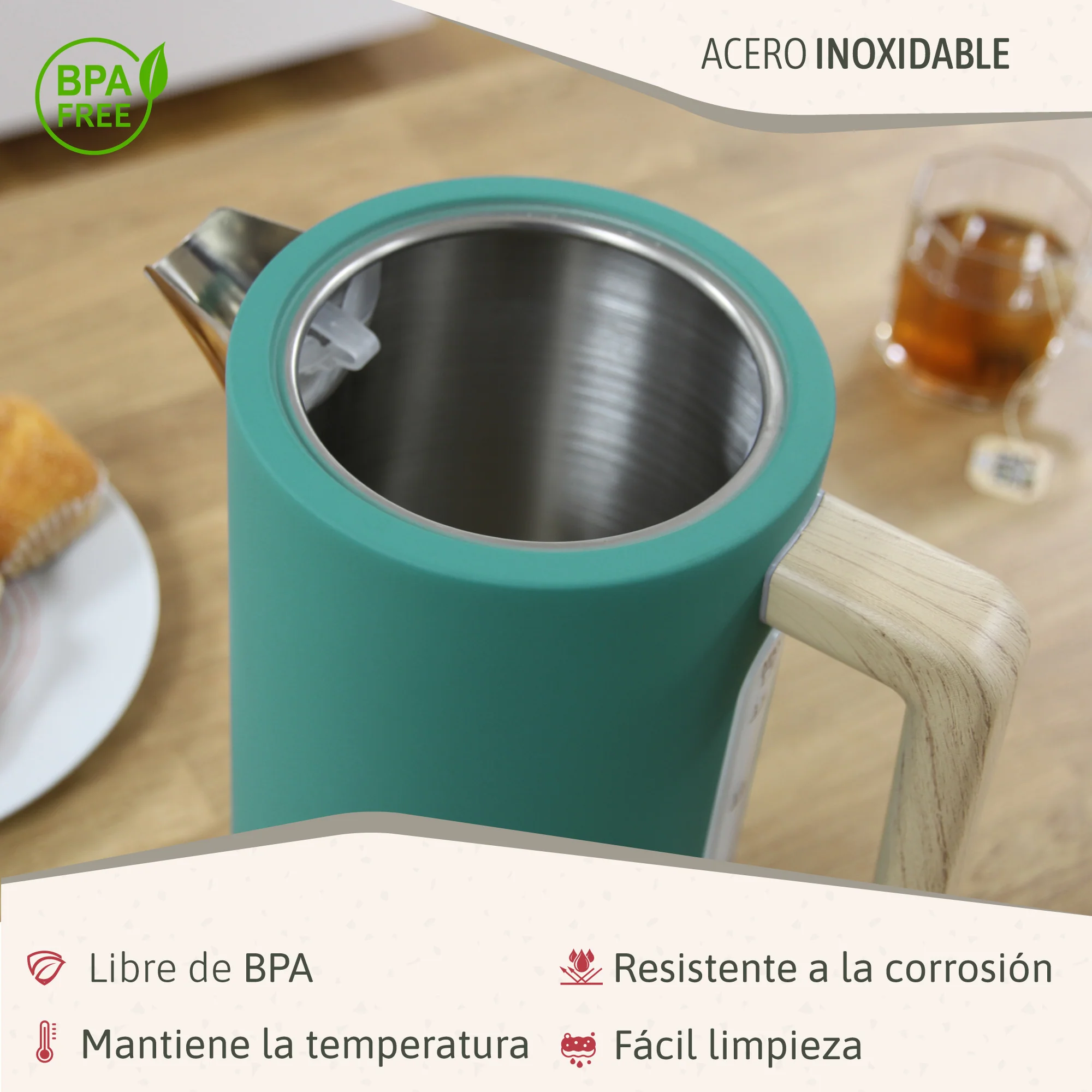 Briebe Nordic Set Tostadora Pan Ranura Ancha 2 Rebanadas + Hervidor Agua Eléctrico 1,7l Inalámbrico, Skt1167gre, Verde - Image 6