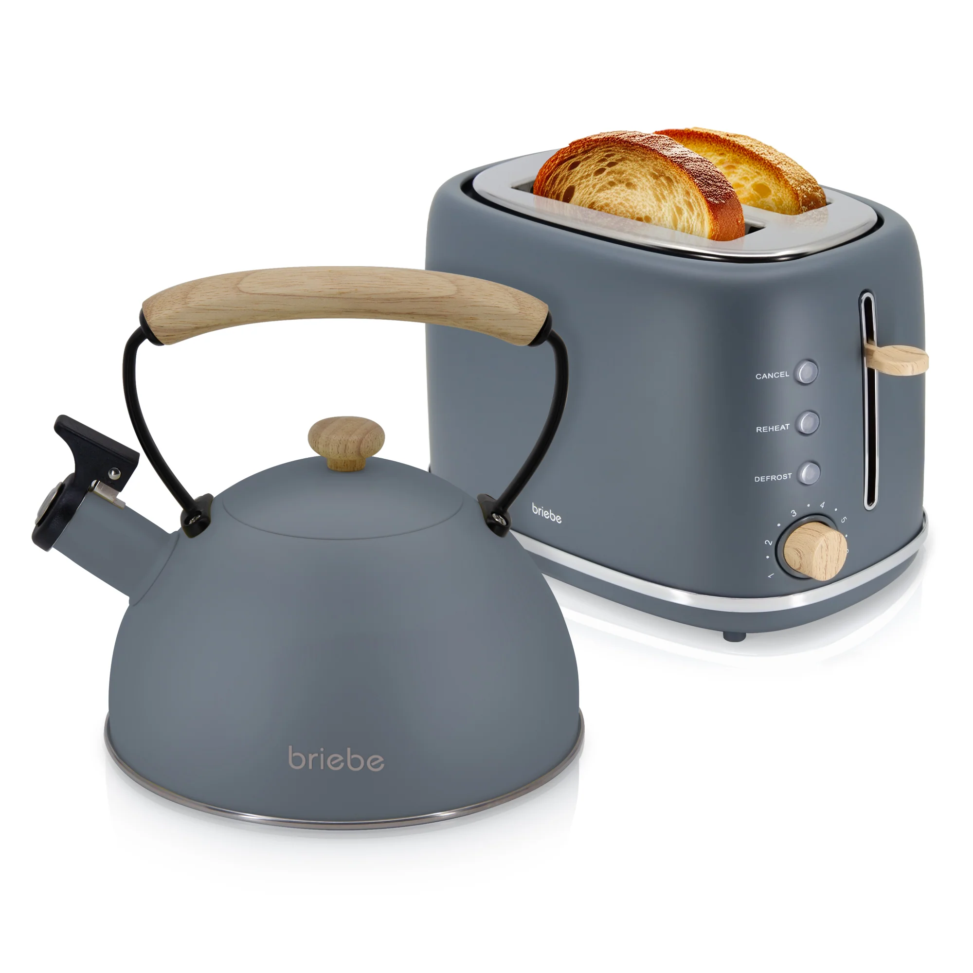 Briebe Nordic Set Tostadora Pan Ranura Ancha 2 Rebanadas + Tetera 2,3l Acero Inox, Inducción Libre Bpa, Skt1177gry, Gris