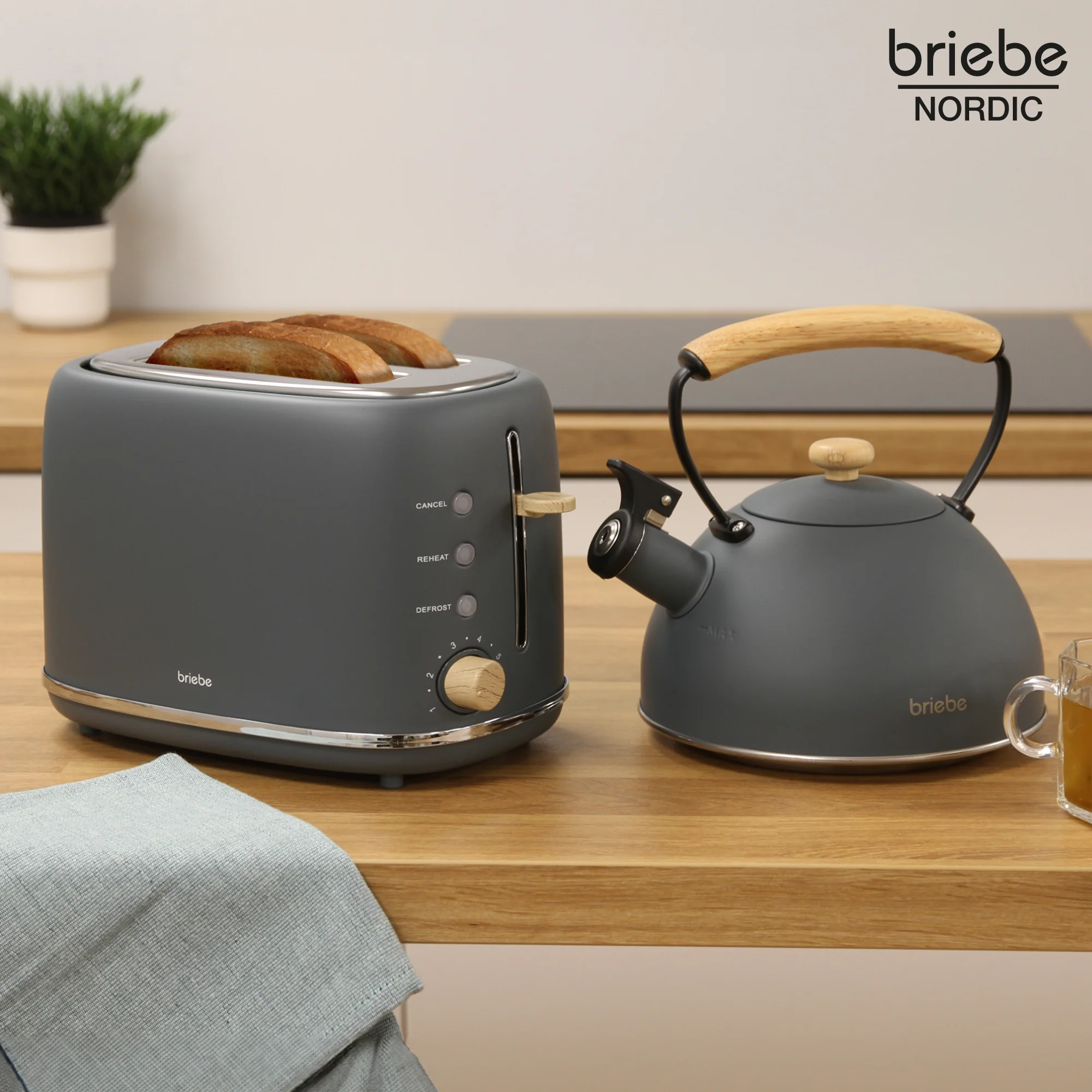 Briebe Nordic Set Tostadora Pan Ranura Ancha 2 Rebanadas + Tetera 2,3l Acero Inox, Inducción Libre Bpa, Skt1177gry, Gris - Image 2