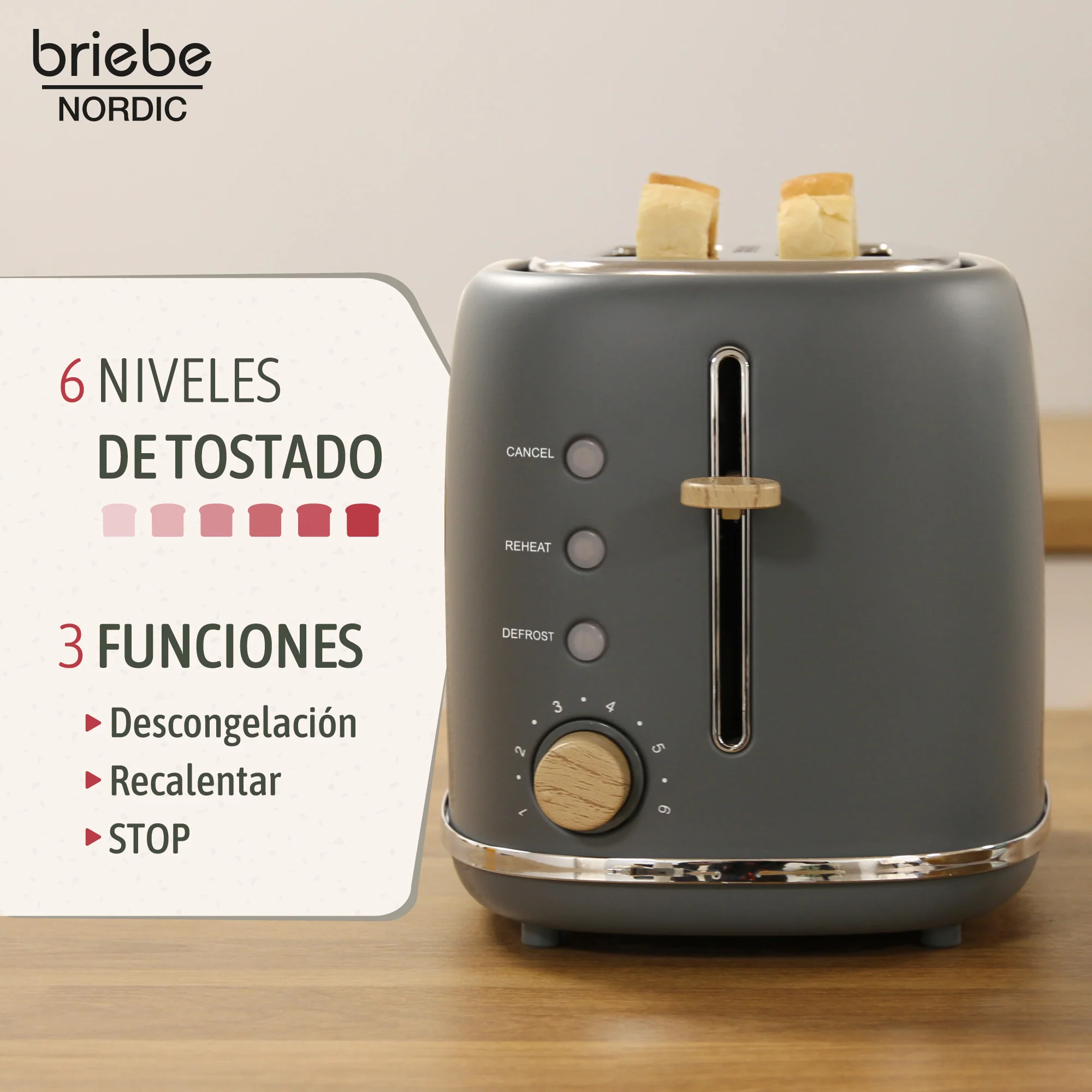 Briebe Nordic Set Tostadora Pan Ranura Ancha 2 Rebanadas + Tetera 2,3l Acero Inox, Inducción Libre Bpa, Skt1177gry, Gris - Image 3