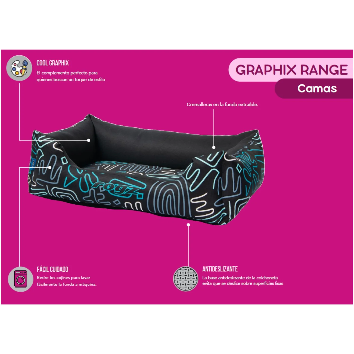 Cama Para Perro Rogz Graphix 76x51x26cm Estampado Doodle Talla M (12-22kg) - Image 2