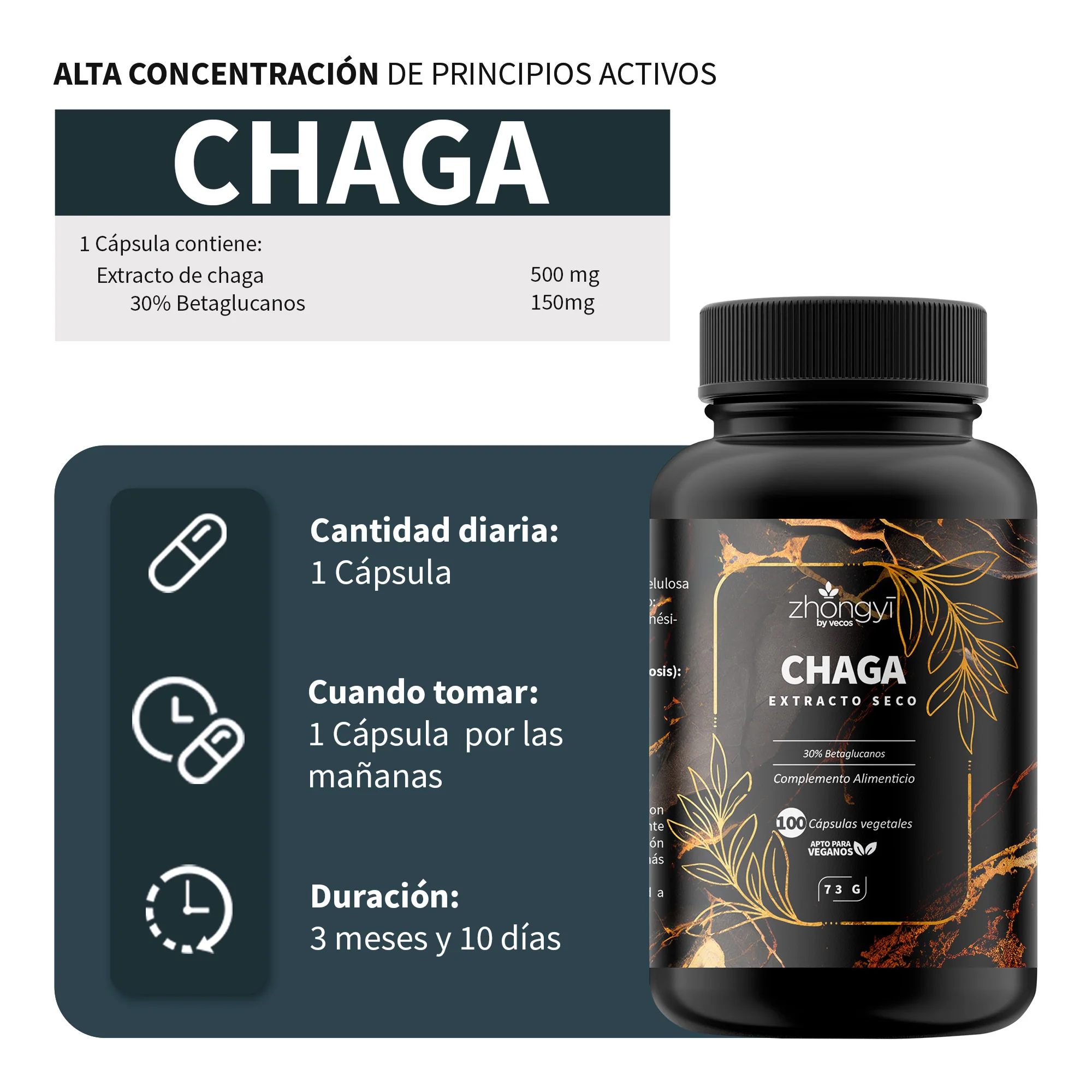 Chaga Zhongyi Vecos 100 Cápsulas | Antioxidante Y Defensa Celular | 500 Mg Con 30% Betaglucanos - Image 3