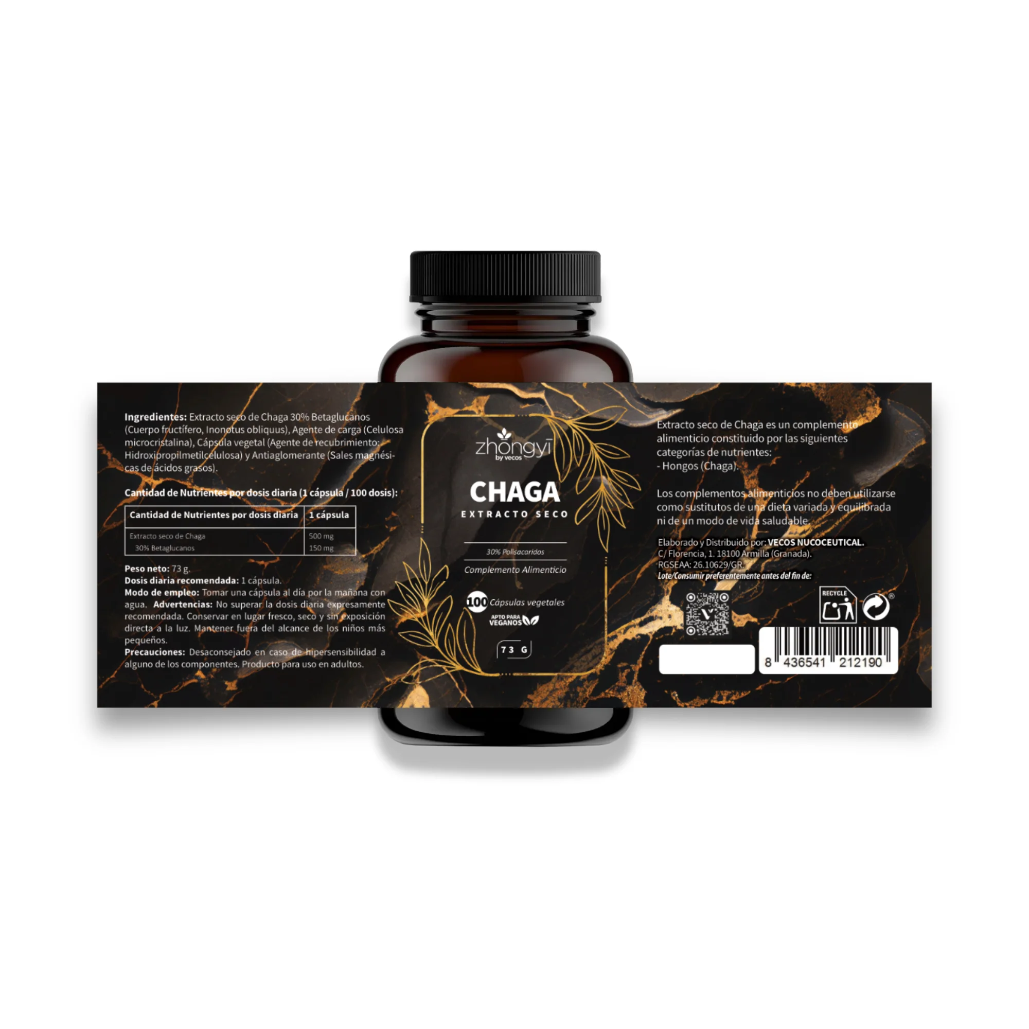 Chaga Zhongyi Vecos 100 Cápsulas | Antioxidante Y Defensa Celular | 500 Mg Con 30% Betaglucanos - Image 5
