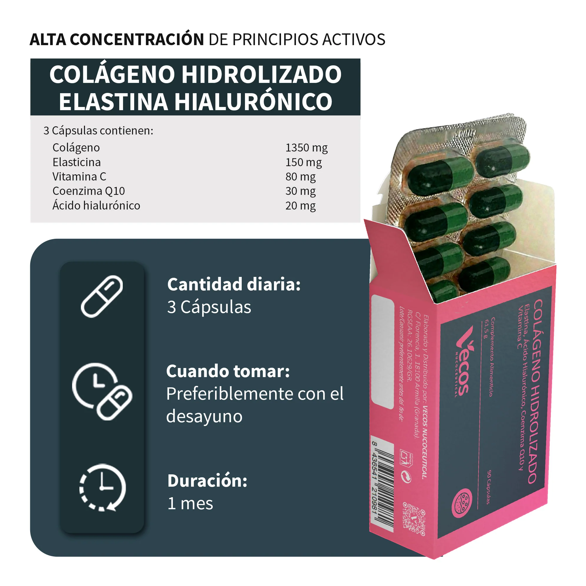 Colágeno Hidrolizado Vecos 90 Cápsulas | Elasticidad, Hidratación Y Anti Edad | Ácido Hialurónico, Elastina Y Q10 - Image 3
