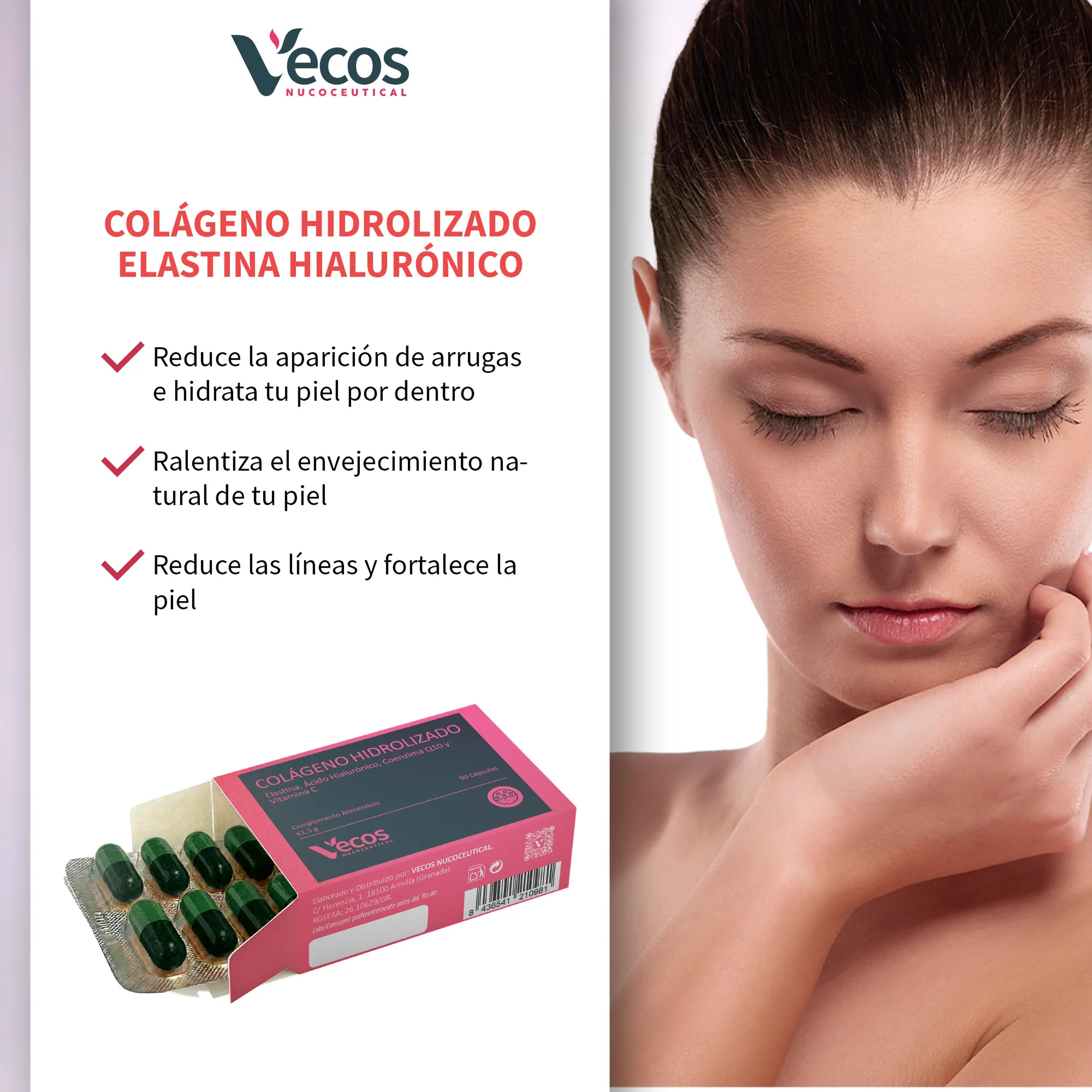 Colágeno Hidrolizado Vecos 90 Cápsulas | Elasticidad, Hidratación Y Anti Edad | Ácido Hialurónico, Elastina Y Q10 - Image 4
