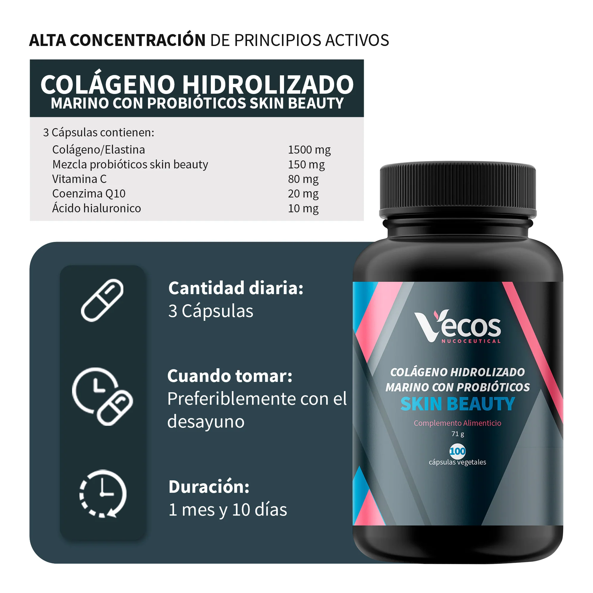 Colágeno Skin Beauty Vecos 90 Cápsulas | Antiarrugas, Piel Fime Y Elástica | Con Probióticos Y Q10 - Image 3