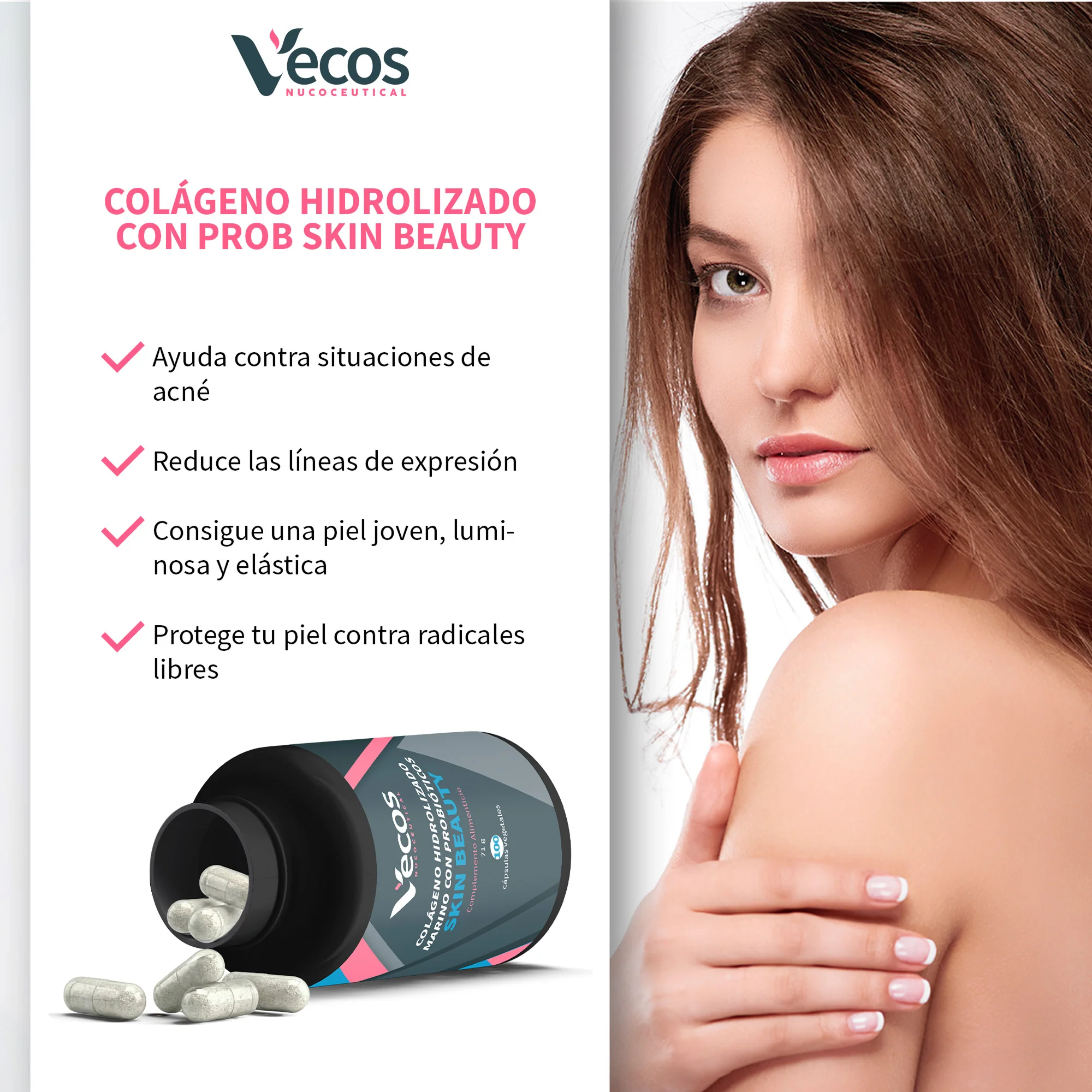 Colágeno Skin Beauty Vecos 90 Cápsulas | Antiarrugas, Piel Fime Y Elástica | Con Probióticos Y Q10 - Image 4