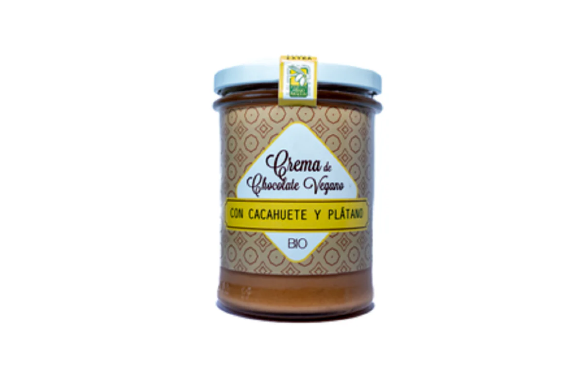 Crema Bio de chocolate vegano para untar. Con cacahuete y platano de la palma