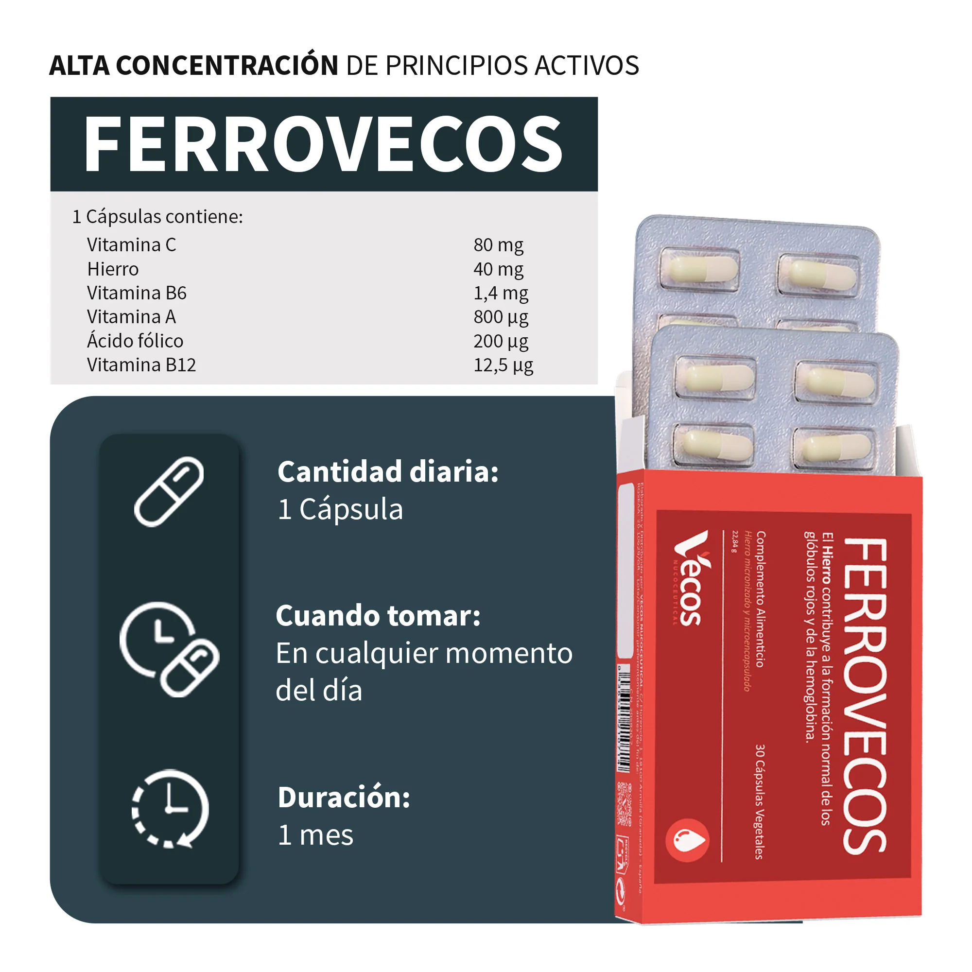 Ferrovecos 40 Mg Hierro Liposomado Vecos 30 Cápsulas | Para Cansancio Y La Fatiga | Con B6, B12 Y Ácido Fólico - Image 3