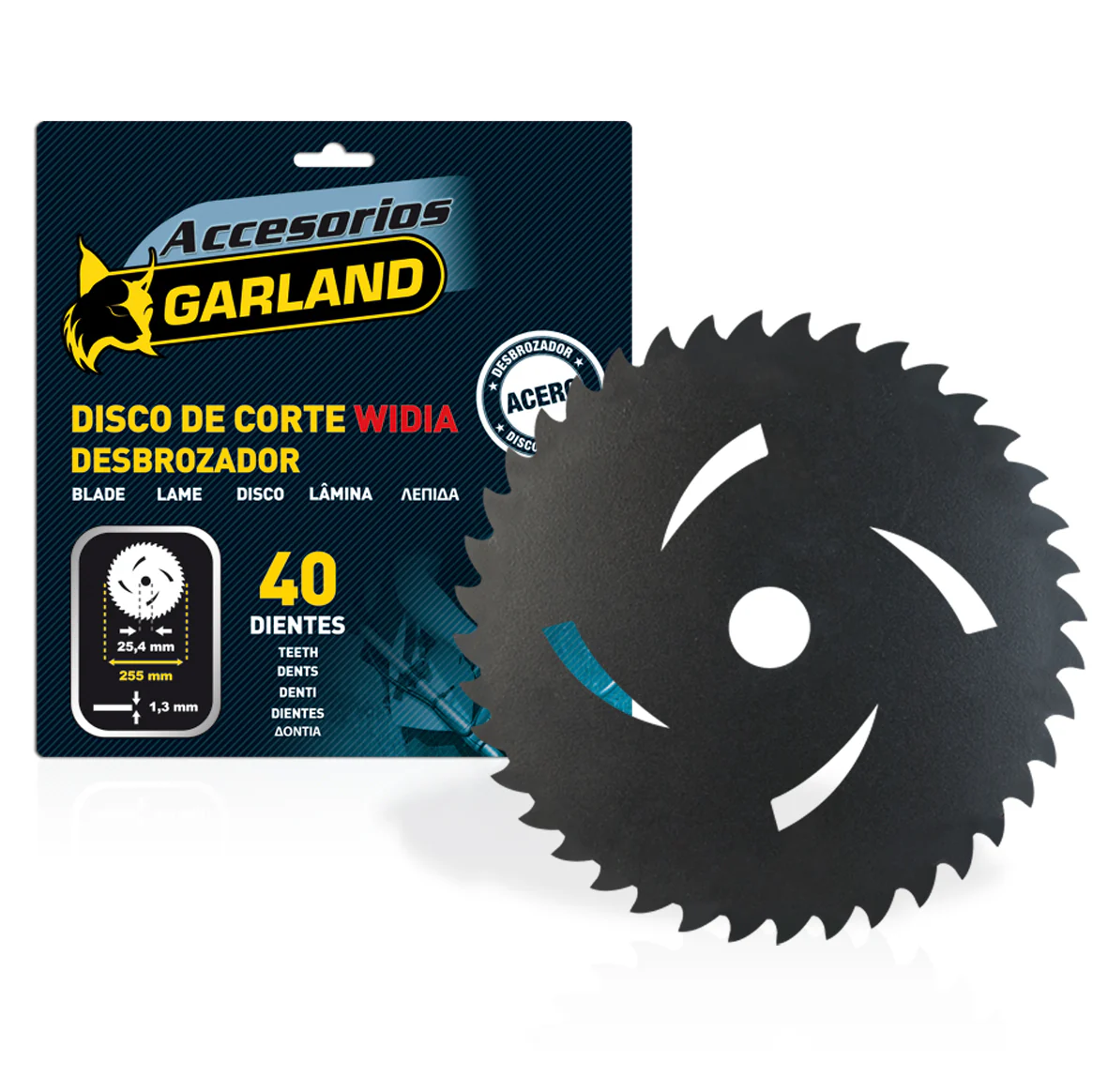 Garland - 7102551340 Disco Desbrozar - Cuchilla Desbroce Y Corte En Arbustos Y Árboles Finos. Diente De Widia D.int:25,4mm, D. Ext: 255mm