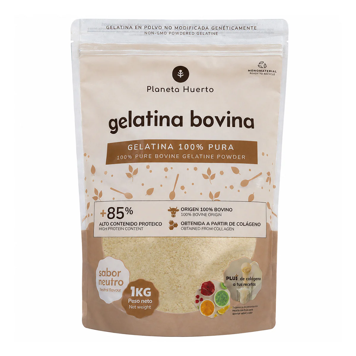 Gelatina Bovina neutra en polvo fuente de colágeno Planeta Huerto 1 Kg