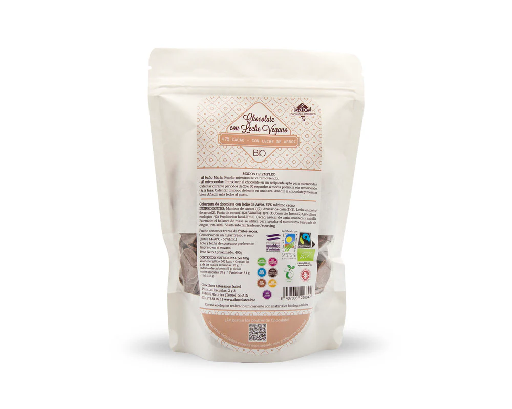 Gotas de cobertura Bio de chocolate con leche vegano – bebida vegetal de arroz