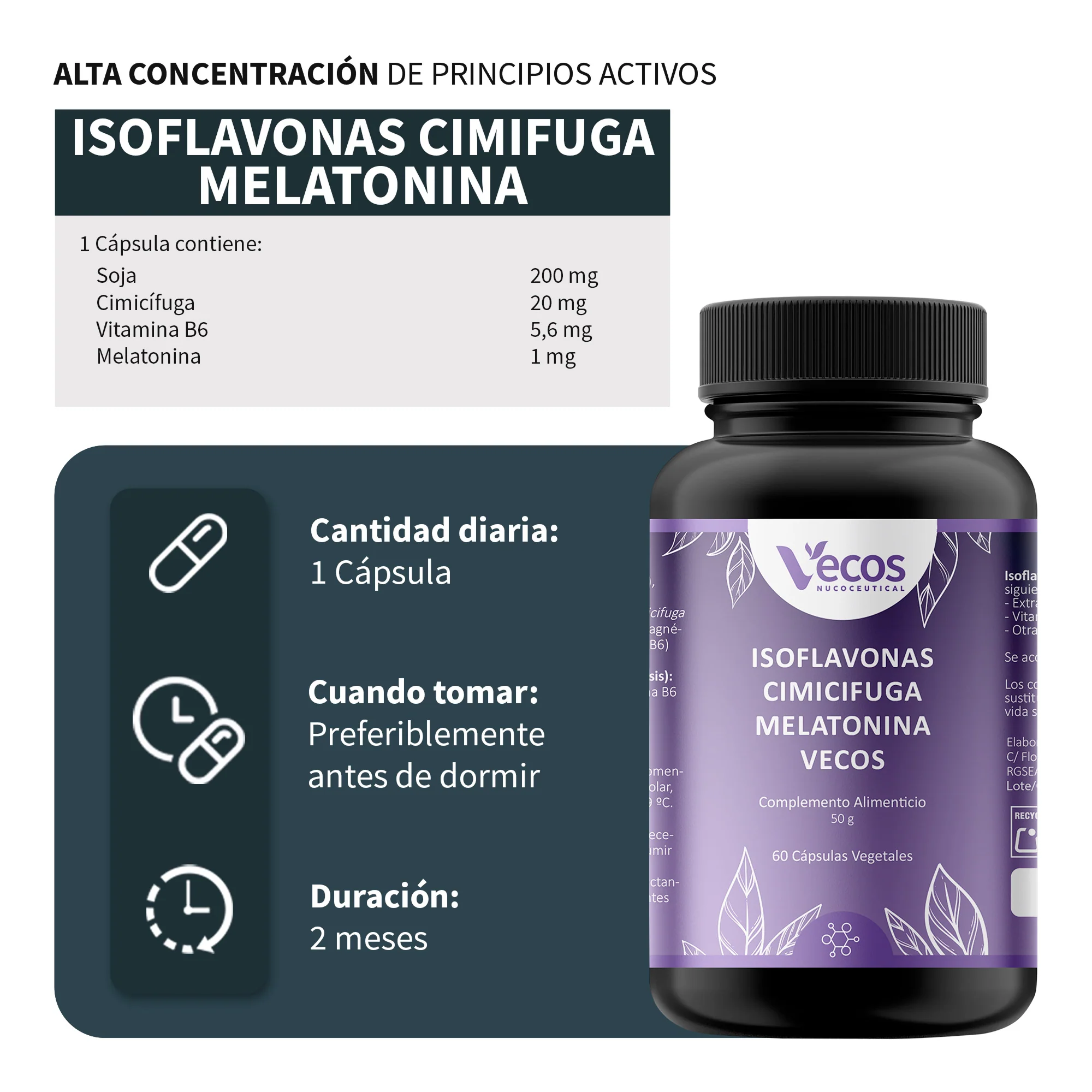 Isoflavonas + Cimicífuga + Melatonina Vecos 60 Cápsulas | Menopausia, Descanso Y Equilibrio Hormonal - Image 3