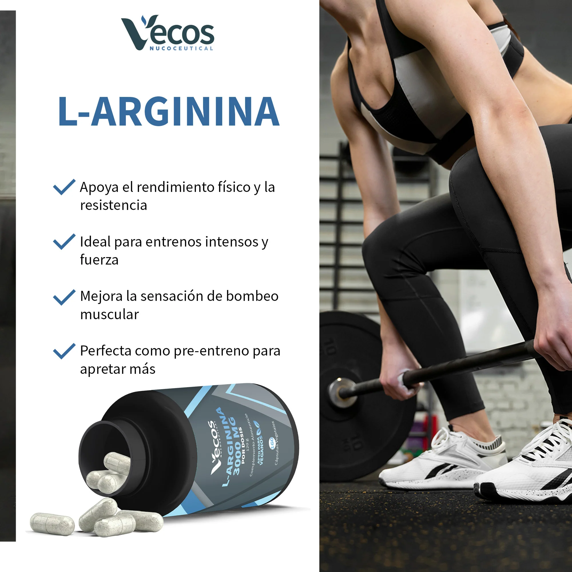 L-arginina 3000 Mg Vecos 160 Cápsulas | Rendimiento Y Fuerza Muscular | Óxido Nítrico - Image 4