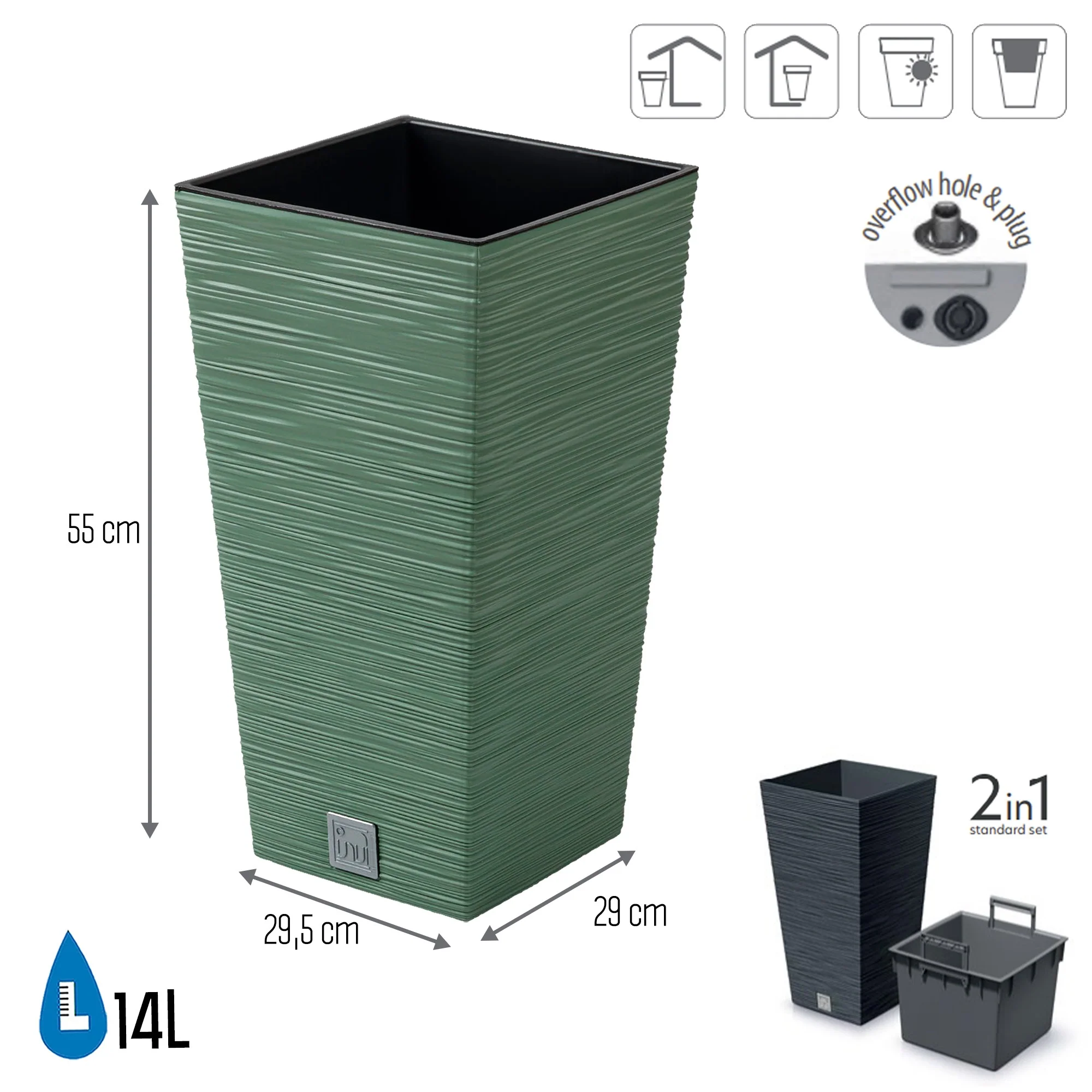 Macetero Color Verde Tierra, Con Depósito, Colección Furu, De 29,5 X 29,5 X 55 Cm, Capacidad De 14 L. - Image 2