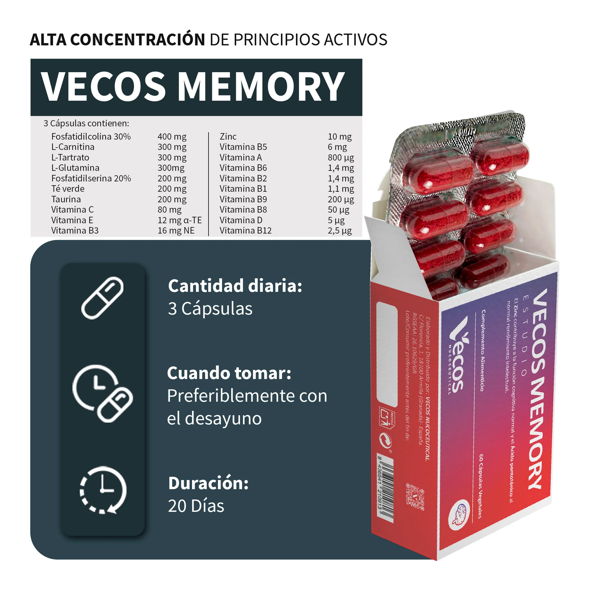 Memory Vecos 60 Cápsulas | Memoria Y Concentración | Fosfatidilserina, Dha Y Ginkgo - Image 3
