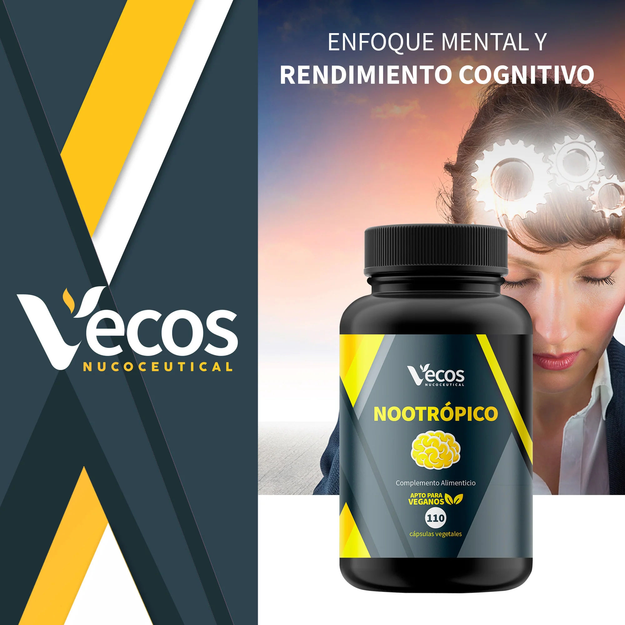 Nootrópico Natural Vecos 110 Cápsulas | Concentración Y Foco Mental | Cafeína + Teanina + Bacopa + Ginkgo - Image 2