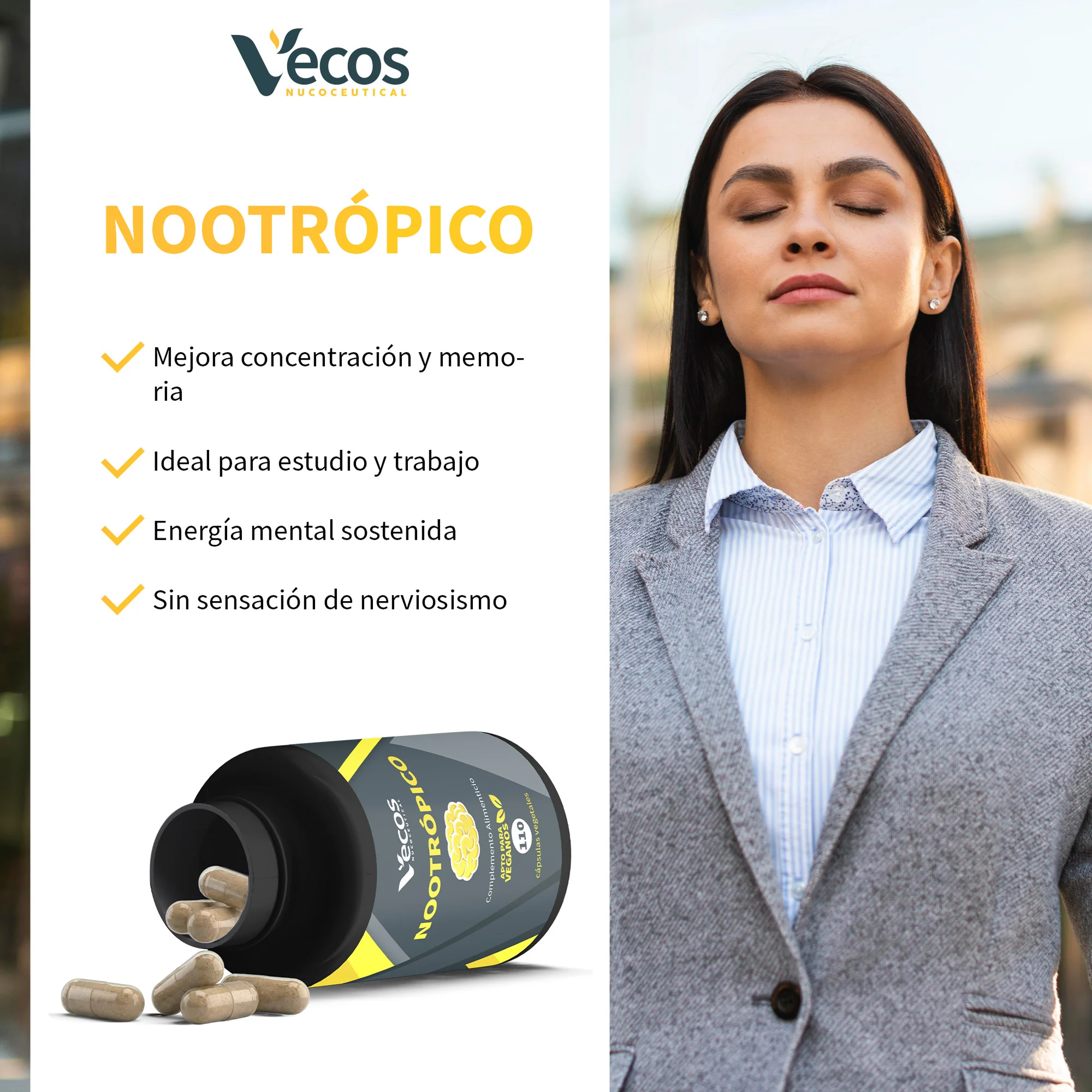 Nootrópico Natural Vecos 110 Cápsulas | Concentración Y Foco Mental | Cafeína + Teanina + Bacopa + Ginkgo - Image 4
